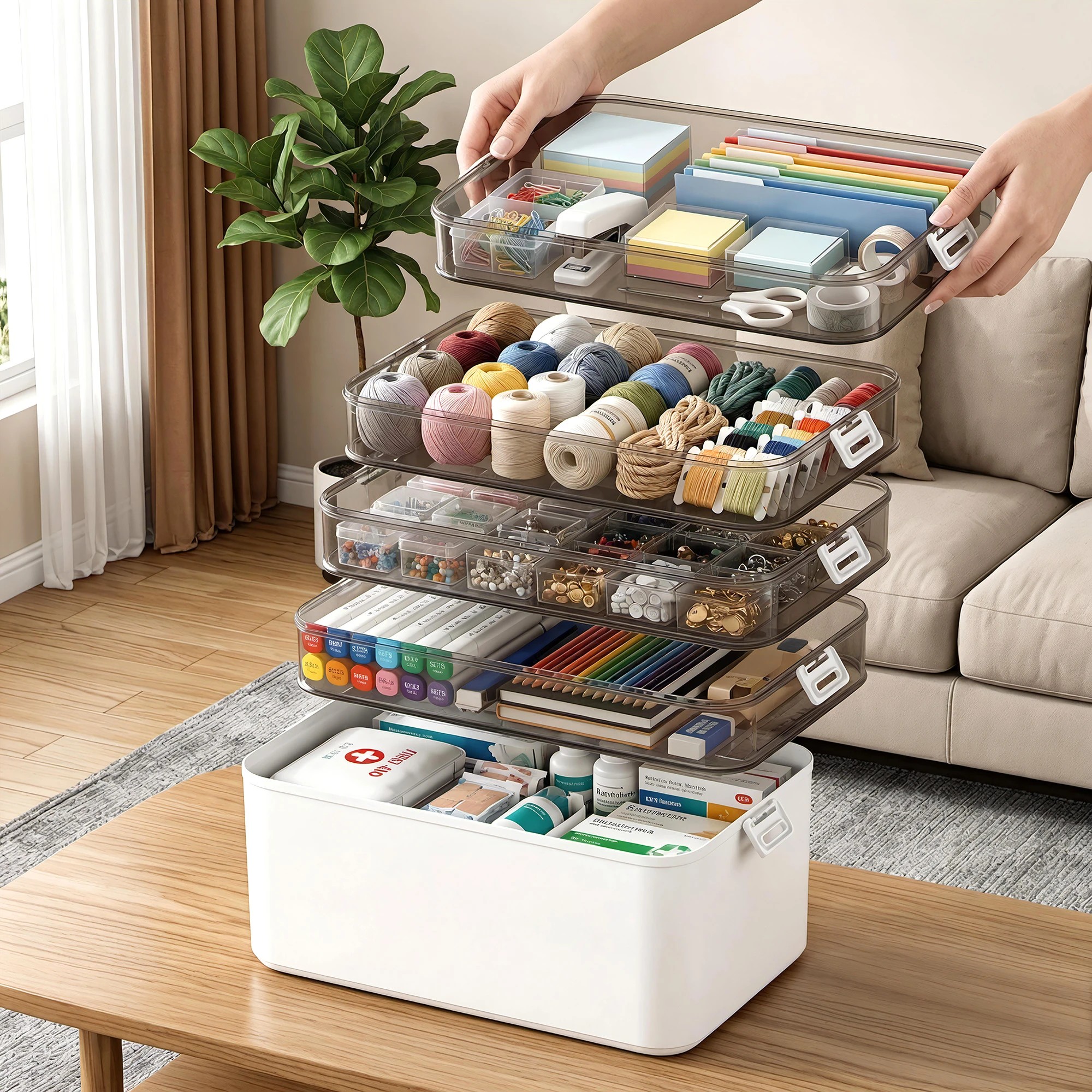 4 Artiss 5 Tier Portable Storage Box Detachable with Handles Plastic Clear - White, 4 of 8