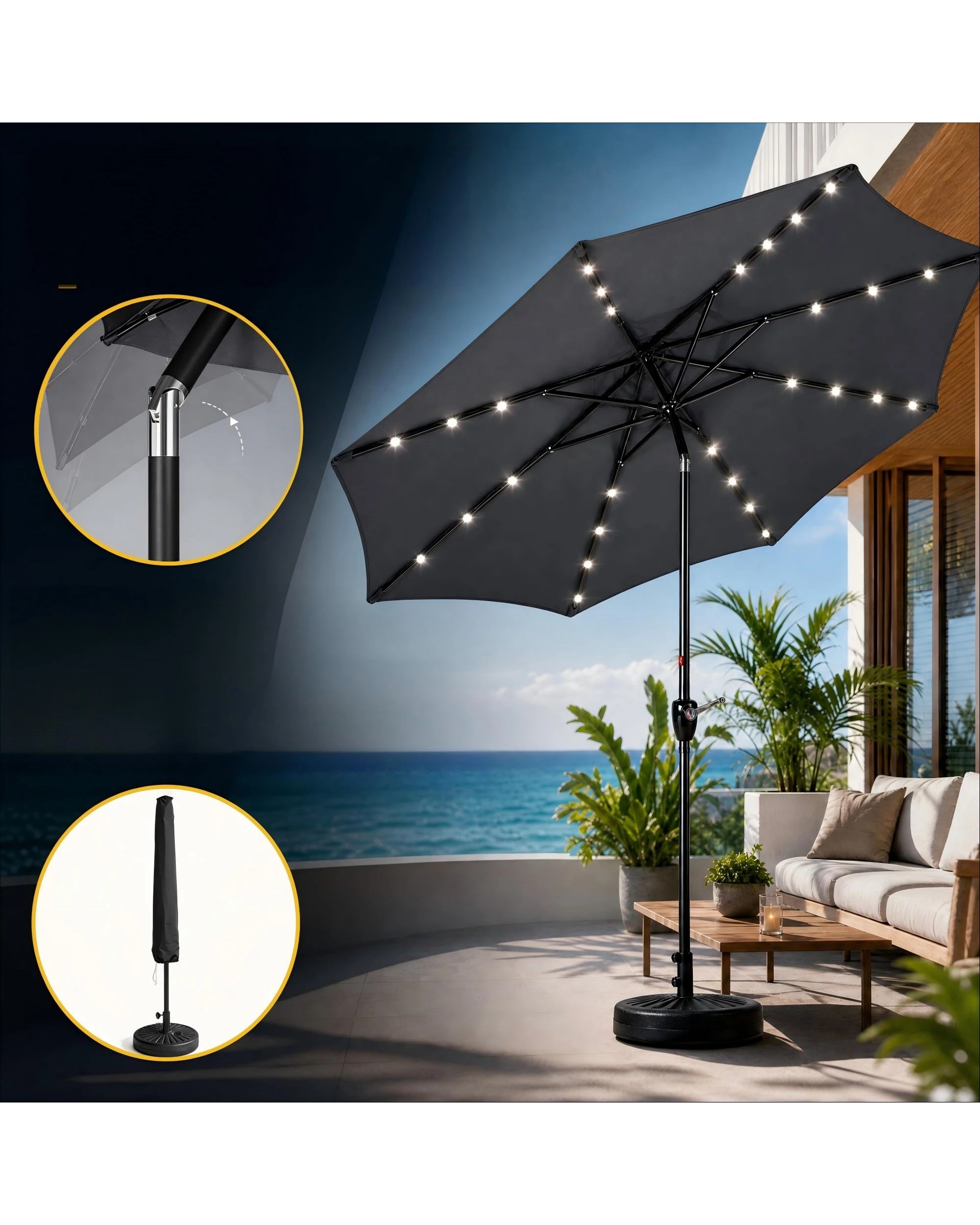 6 Advwin Solar Patio Umbrella with Base, 3m Outdoor Umbrella with 32 LED Lights & Cover - Grey, 6 of 9