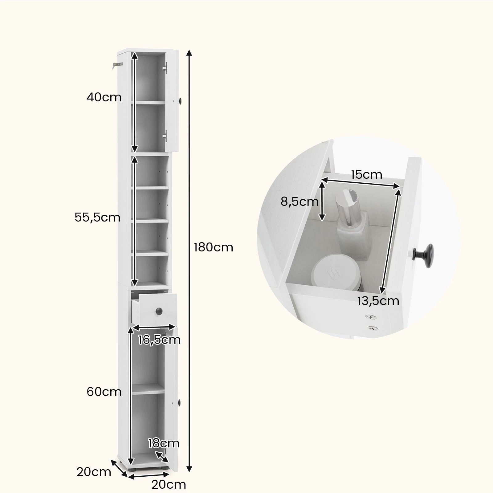 3 Costway 1.8M Slim Bathroom Cabinet Storage Organizer Kitchen Cupboard Sideboard - White, 3 of 5