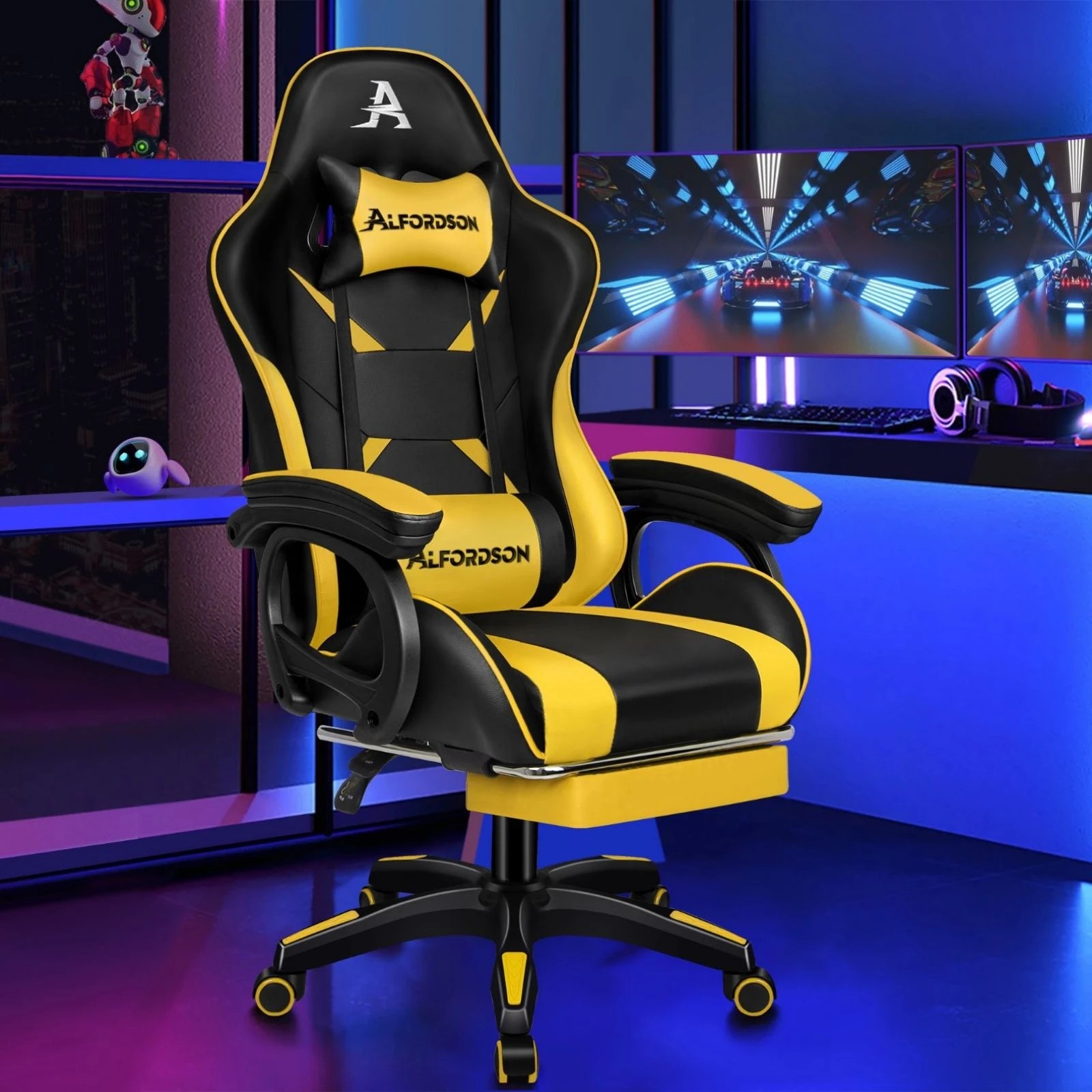 2 Alfordson Gaming Office Chair Massage Racing Computer Seat Footrest Leather - Yellow, 2 of 10
