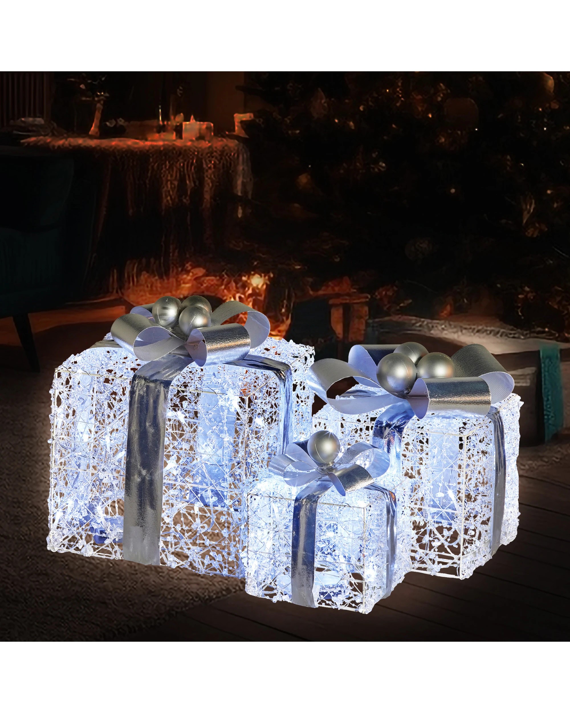 7 Christabelle Set Of 3 Christmas Gift Boxes Display With Lights Jewelled Wire And Silver Bows, 7 of 7