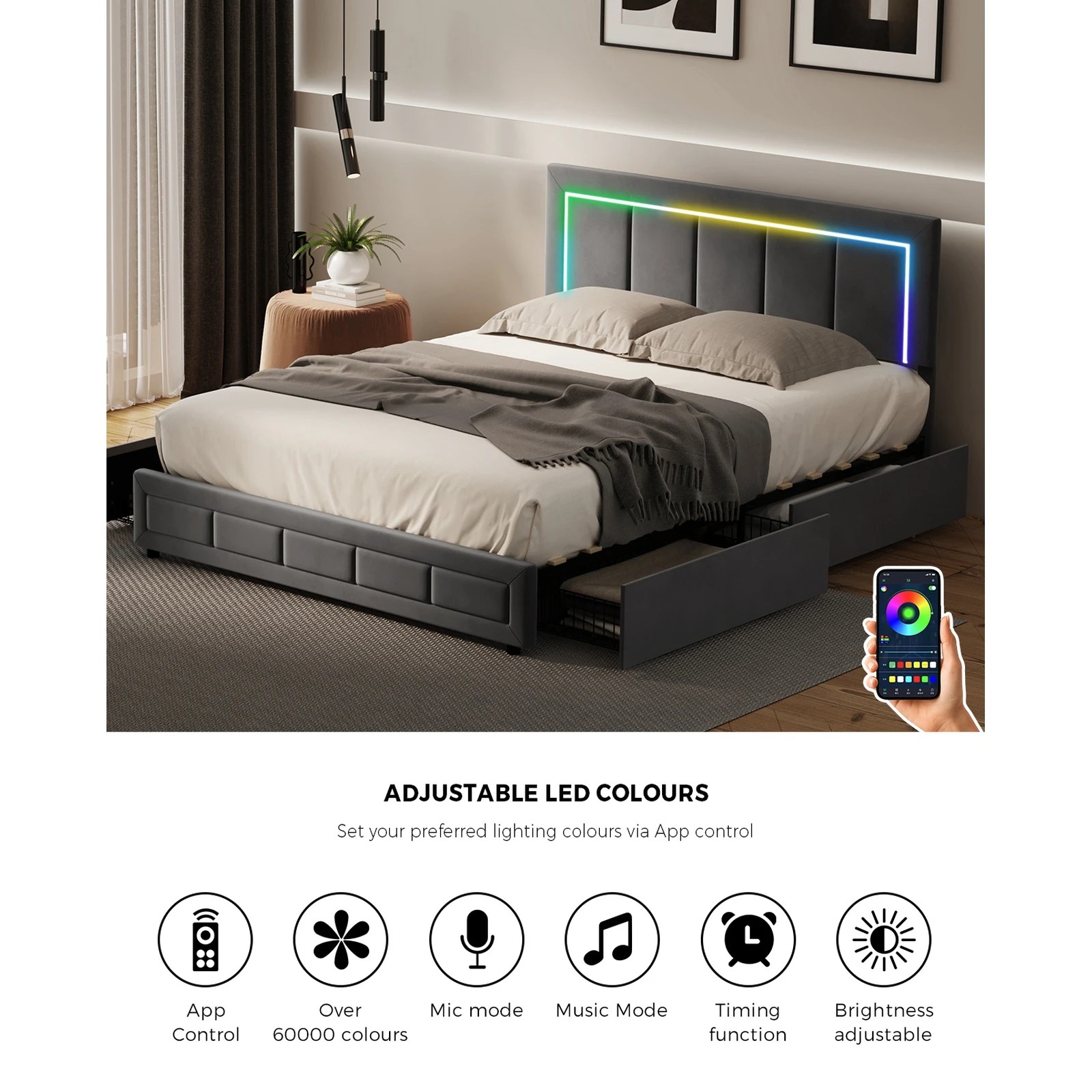 4 Oikiture LED Queen Bed Frame With 4 Storage Drawers & Charging Station - Grey, 4 of 9