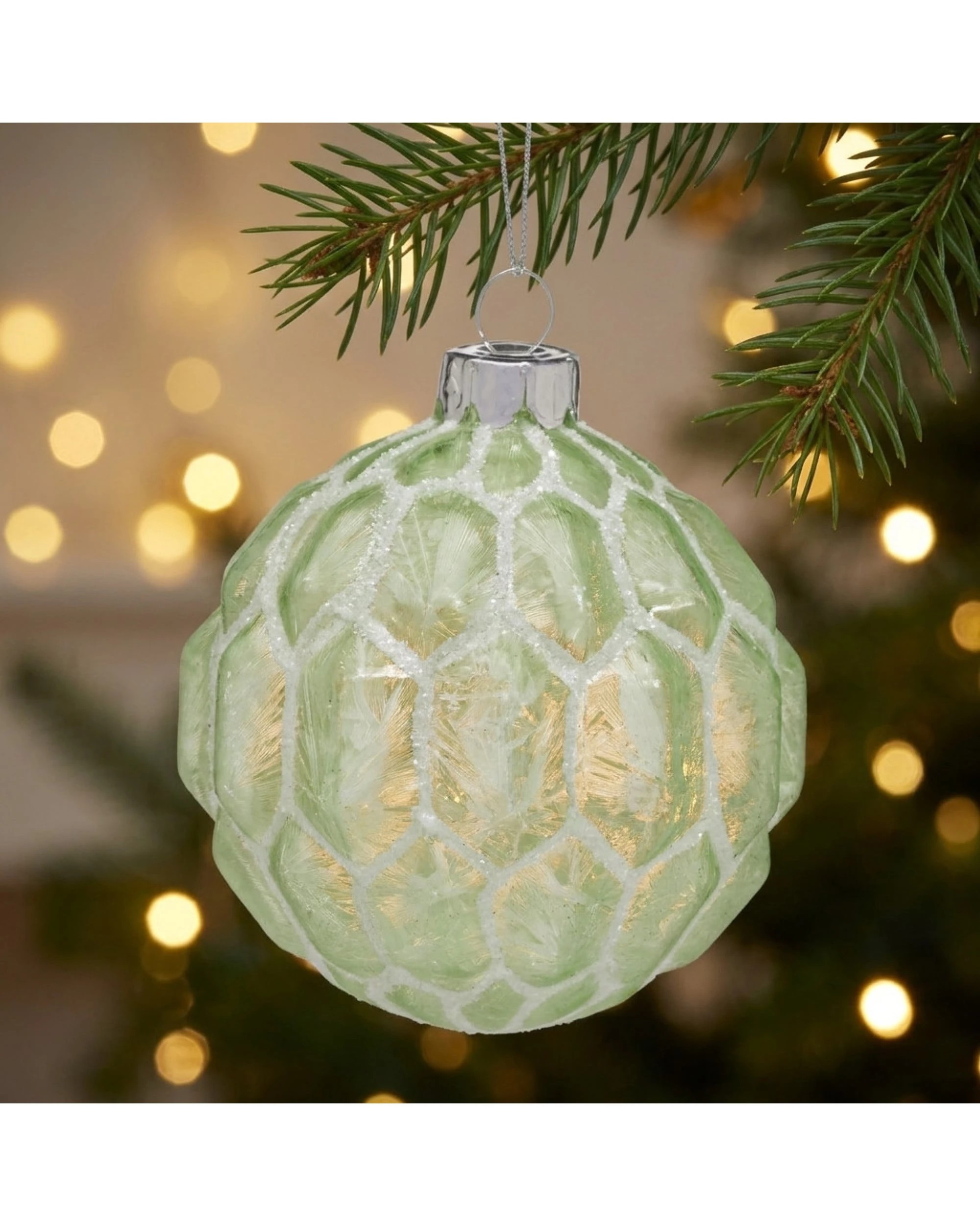 4 Christabelle set of 6 pale green glass Christmas baubles with white shimmer, 8cm - Green, 4 of 6