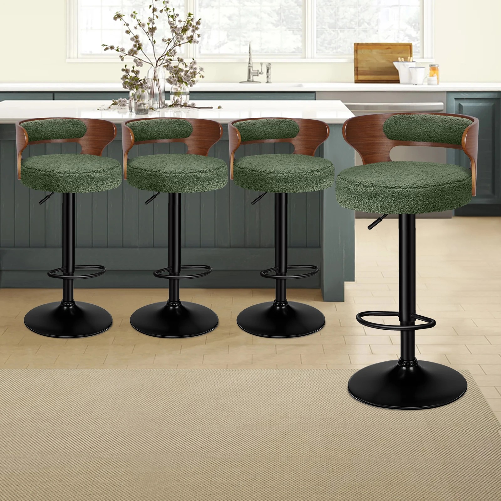 2 Alfordson 4x Bar Stool Kitchen Swivel Chair Wooden Boucle Ramiro - Green, 2 of 10