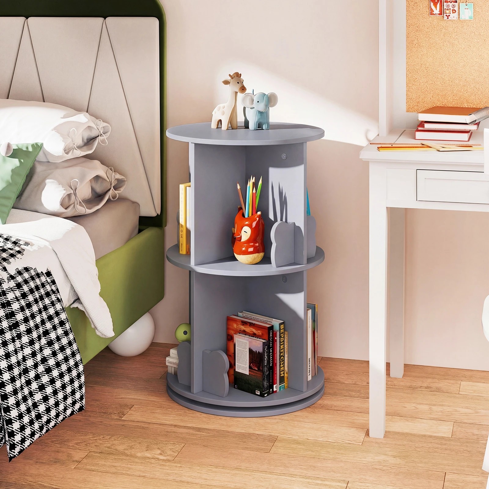 3 Costway 2-Tier Rotating Bookshelf 360° Spinning Bookcase w/Bear Bookends - Grey, 3 of 3