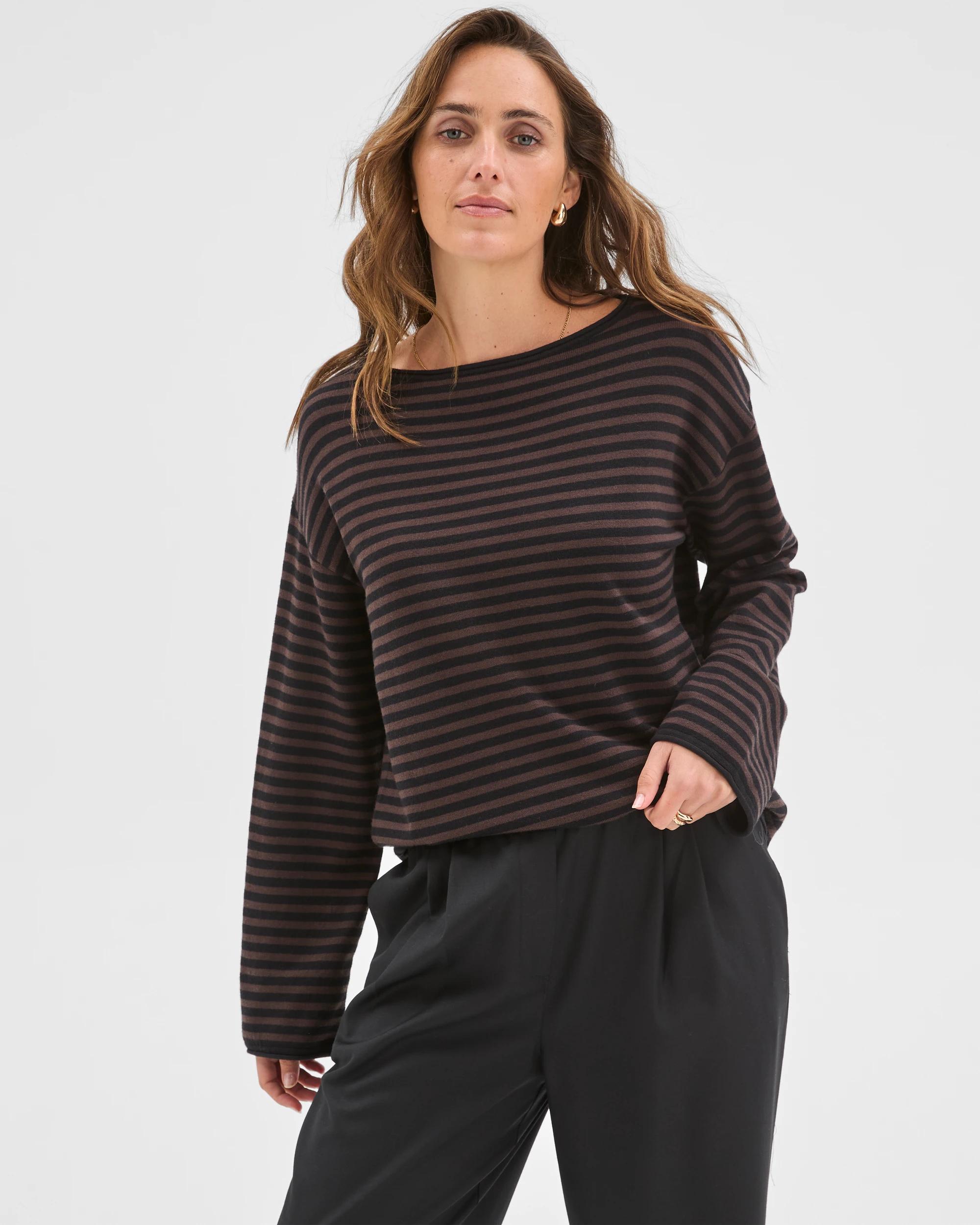 1 Preview Boat Neck Wide Sleeve Knit Jumper CHOCOLATE STRIPE, 1 of 6