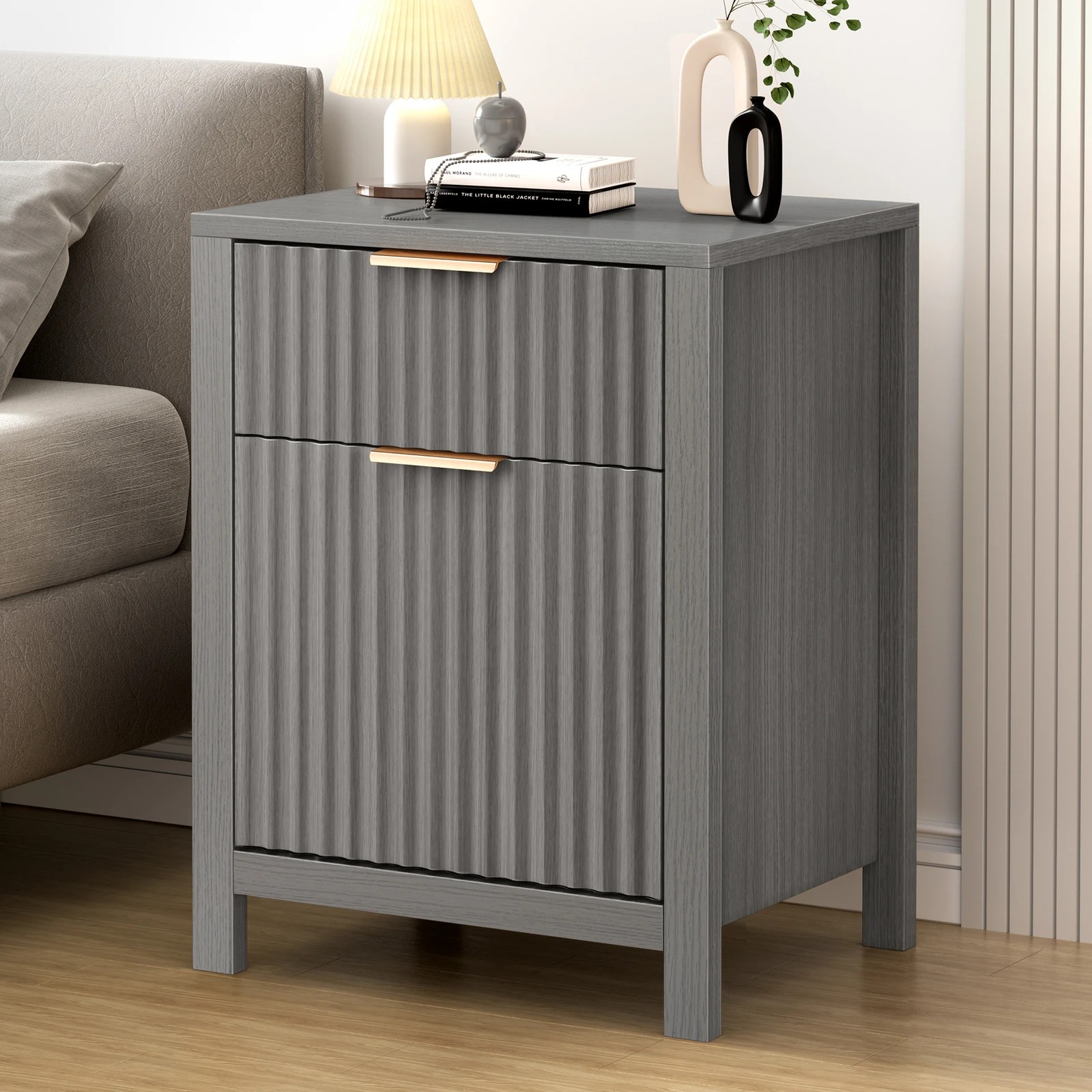 1 Alfordson Bedside Table Nightstand Side Storage 2 Drawers Cabinet - Grey, 1 of 10