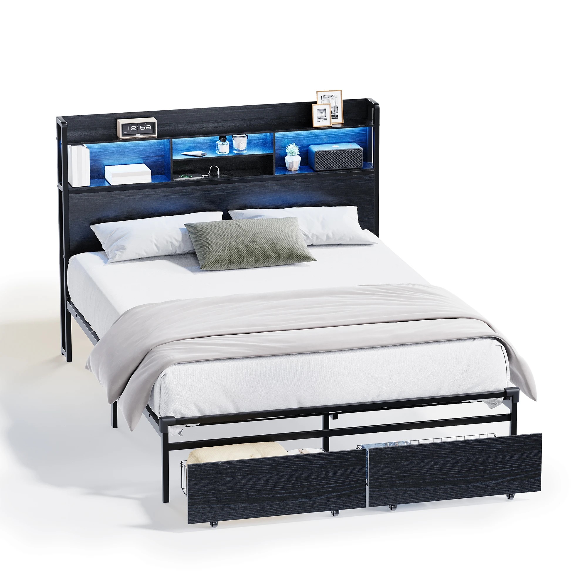 1 Advwin Queen Size Bed Frame with 2 Drawers Led Light & Charging Station Black, 1 of 7