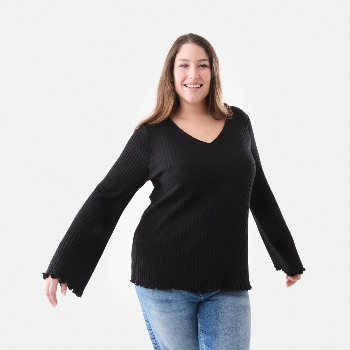 1 Curve Long Sleeve V-Neck Rib Top Black, 1 of 5