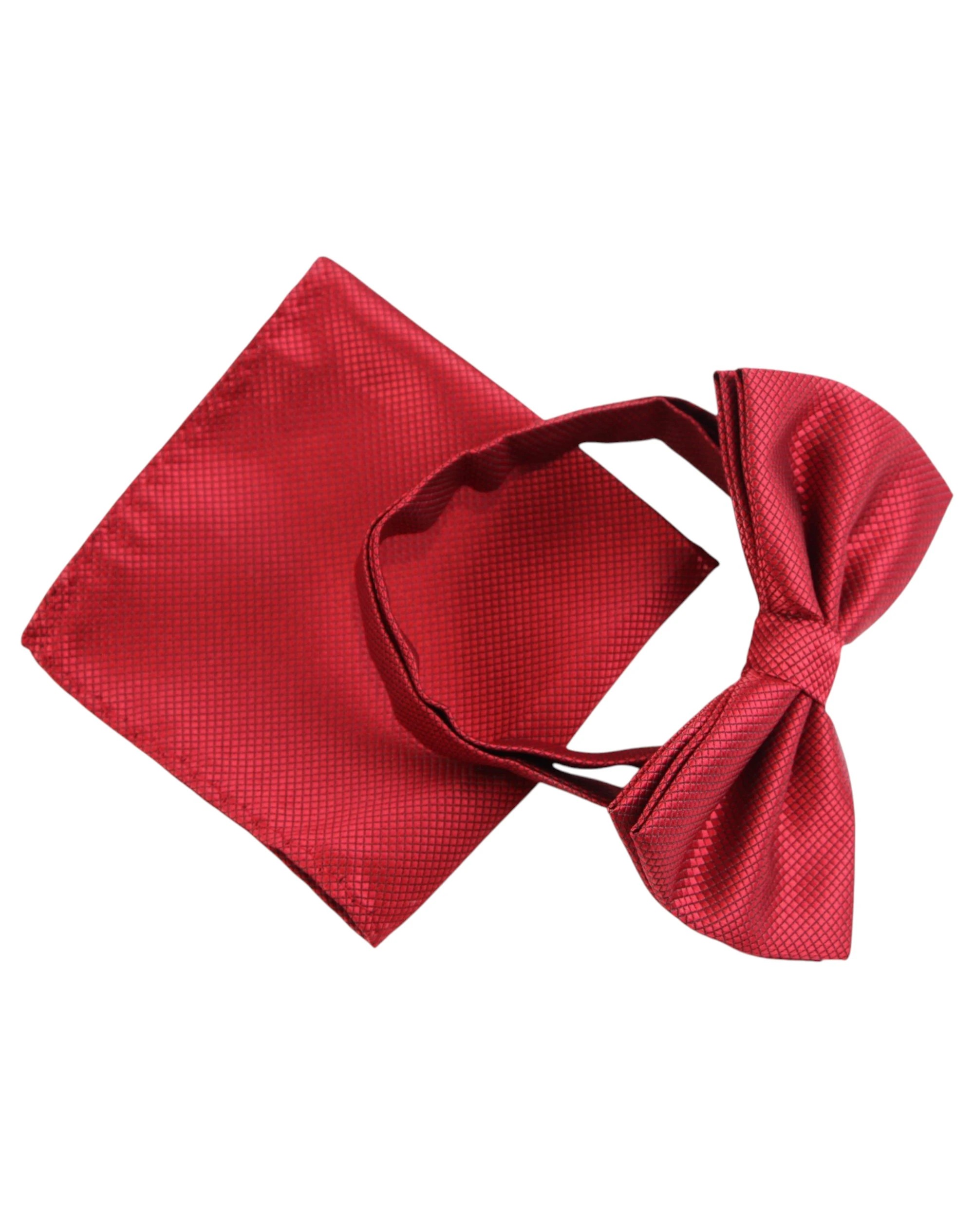 1 Zasel Mens Plain Coloured Checkered Bow Tie & Matching Pocket Square Set - Red, 1 of 3