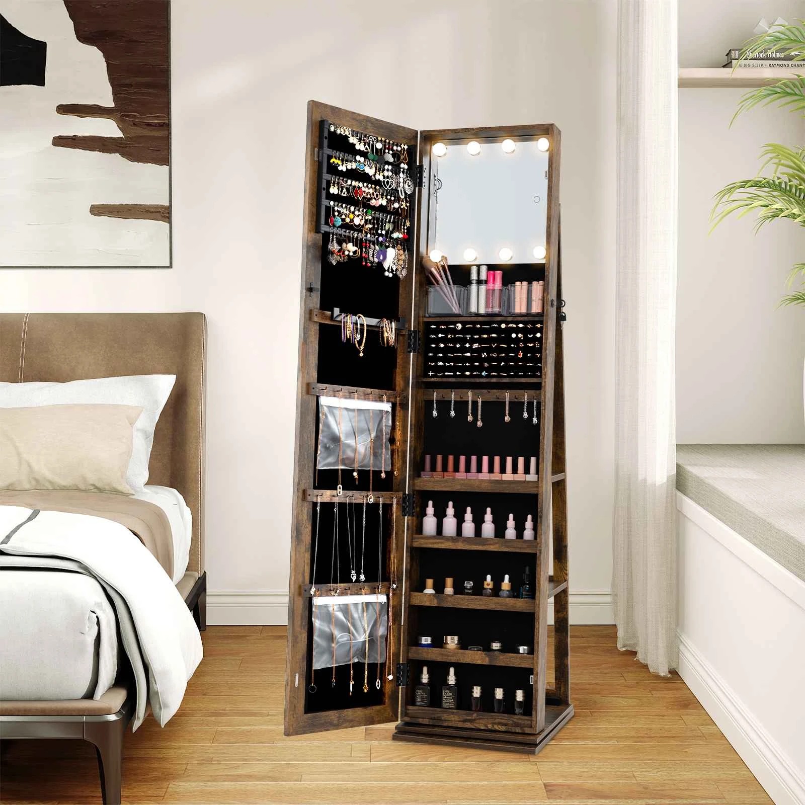 3 Costway 360° Swivel Jewelry Cabinet Lockable Freestanding Jewellery Storage Organiser - Brown, 3 of 5