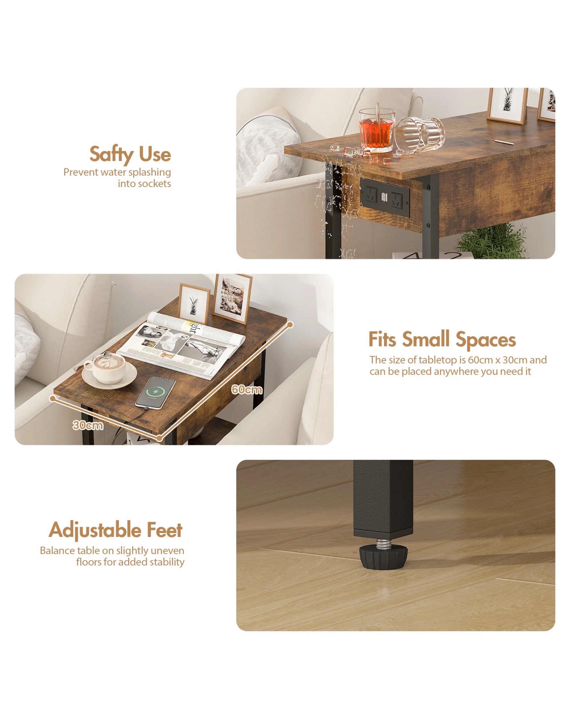 2 Advwin Set of 2 Flip Top Side Table W/ Charging Station Walnut, 2 of 3