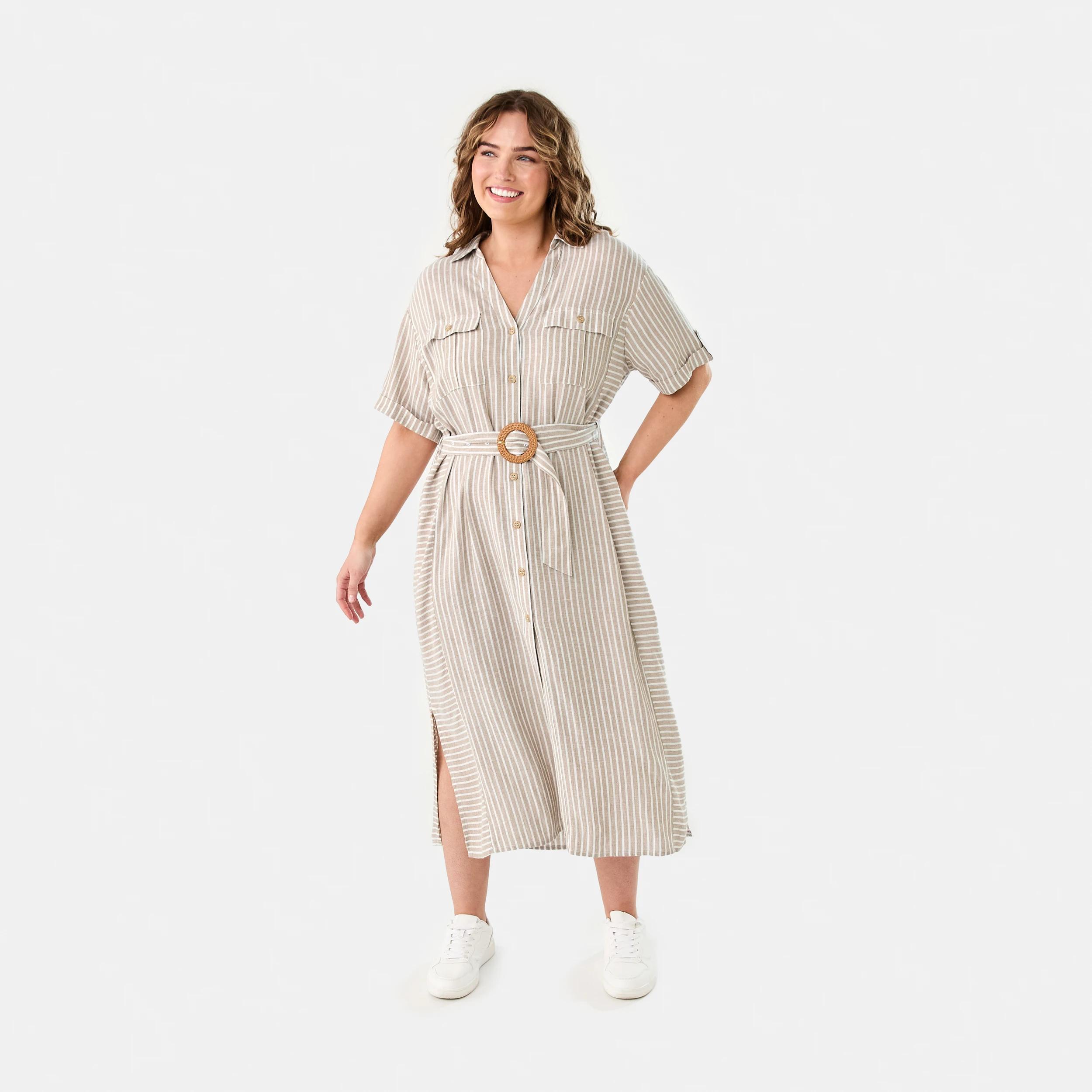 1 Short Sleeve Utility Shirt Midi Dress RESORT STRIPE DUNE BEIGE, 1 of 9