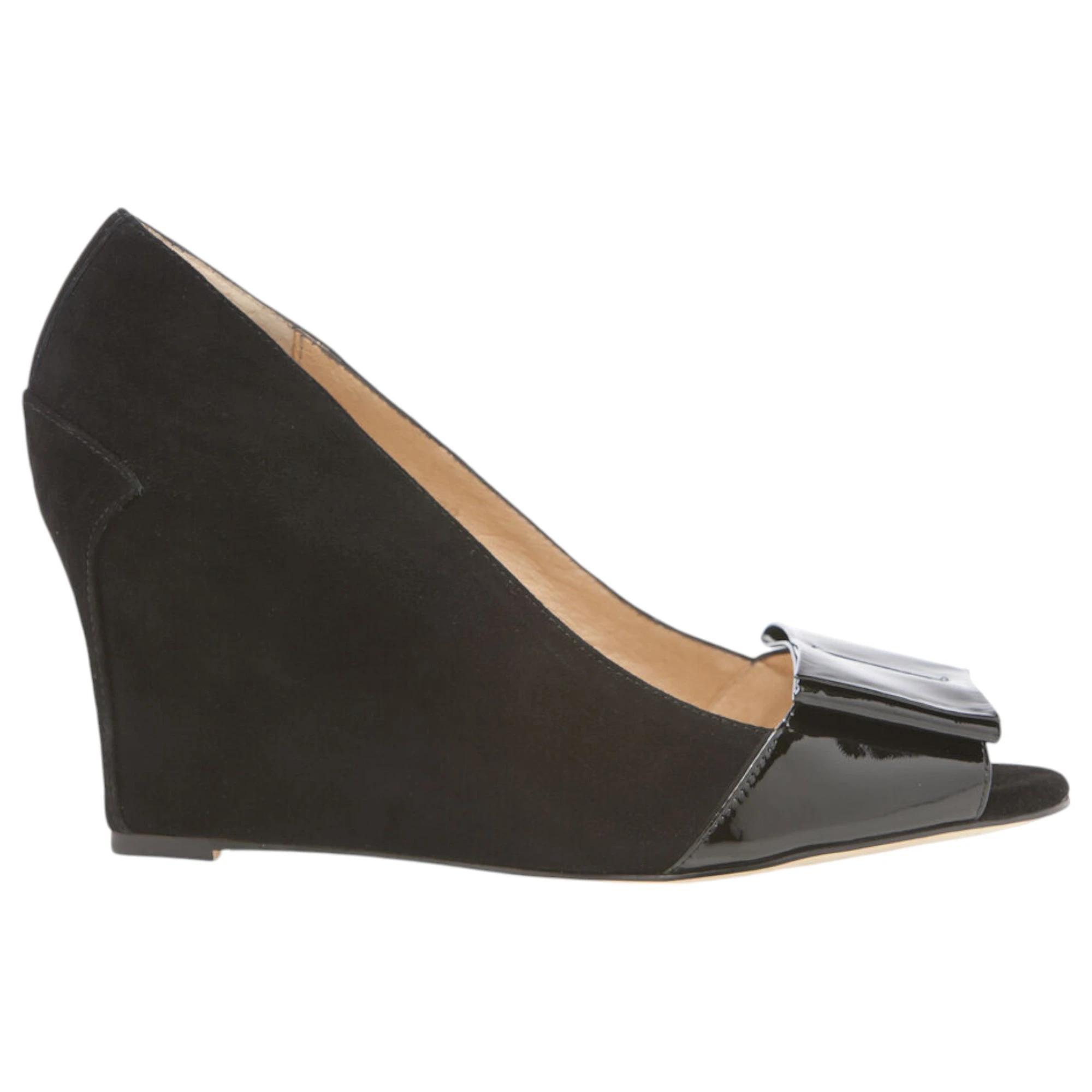 2 Zasel Angie Ladies Womens Leather Suede Wedge Heels With Bow Dress Shoes BLACK, 2 of 3