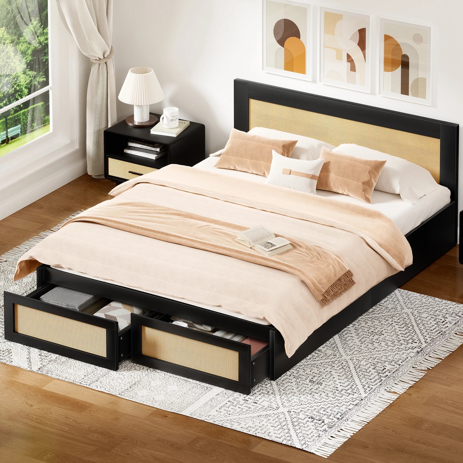 10 Alfordson Wooden Bed Frame Queen Size Rattan Bed Base with Storage Drawers - Black, 10 of 10