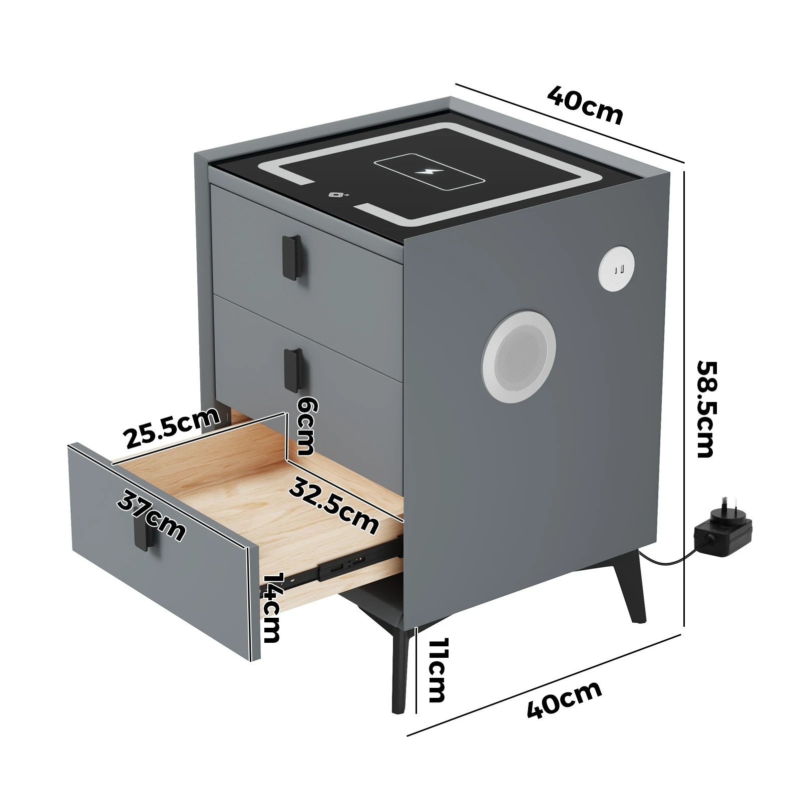 2 Oikiture Set of 2 Smart Bedside Tables Wireless Charging LED Lights 3 Drawers - Grey, 2 of 7