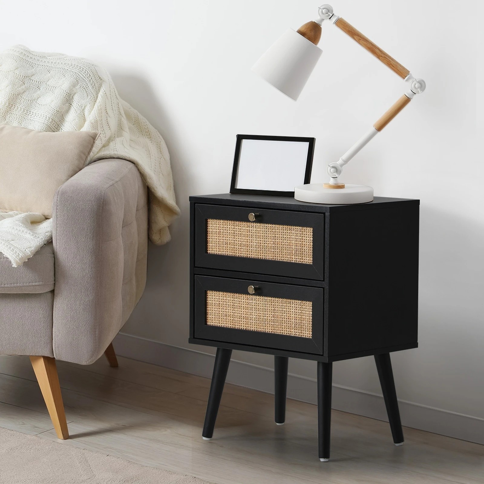 3 Oikiture Bedside Table Side Table 2 Drawers Nightstand Rattan
 - Black, 3 of 10