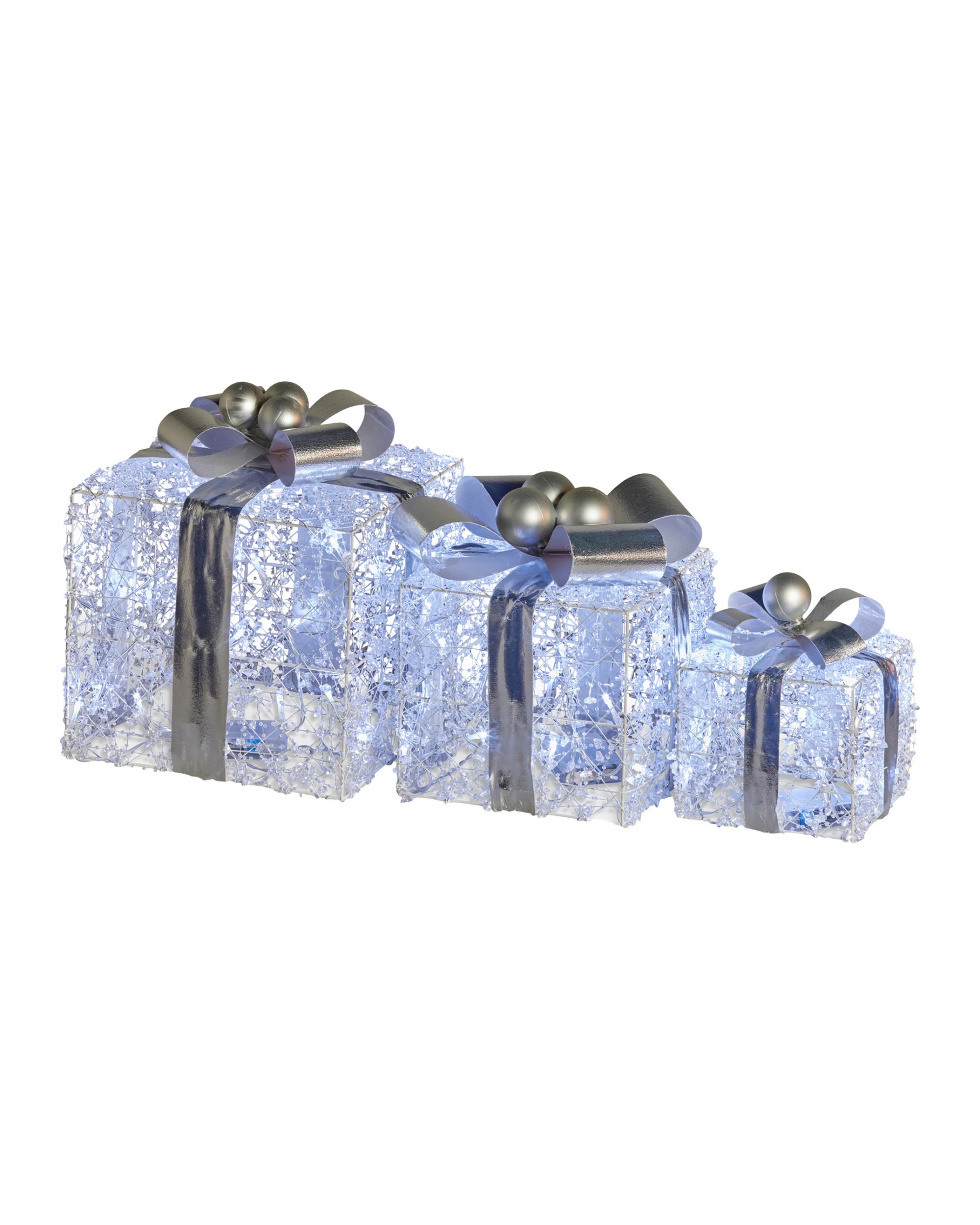 2 Christabelle Set Of 3 Christmas Gift Boxes Display With Lights Jewelled Wire And Silver Bows, 2 of 7