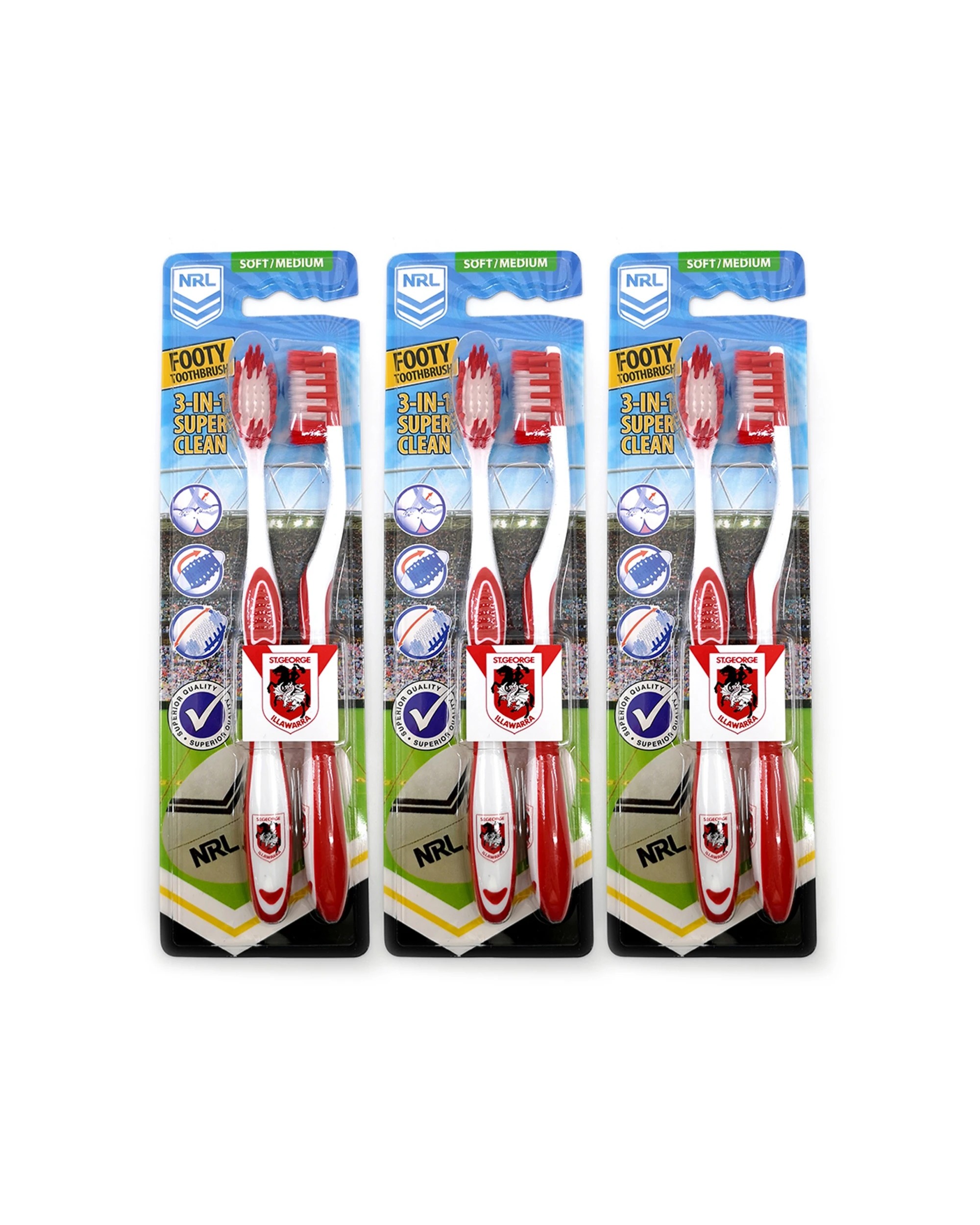 1 NRL 3x 2pc St George Illawarra Dragons Soft/Medium Toothbrush Kids/Adults - Multi, 1 of 1