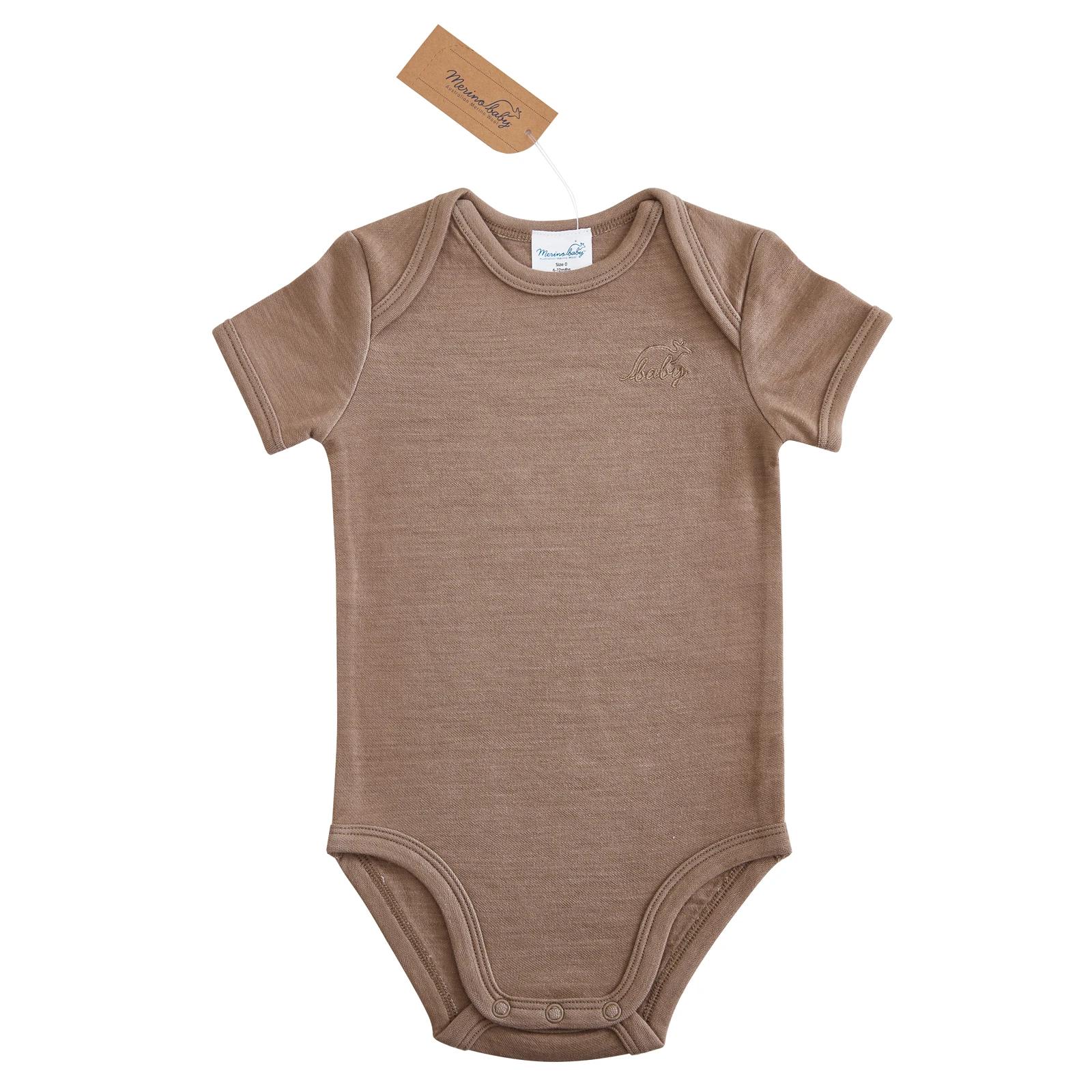 1 Merino Baby Australian Merino Wool Merino Short Sleeve Bodysuit-Brown Marle BROWN MARLE, 1 of 7