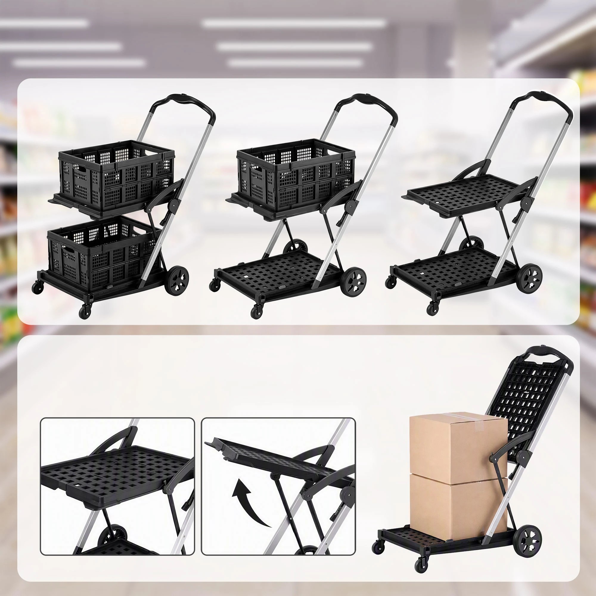 7 Artiss Shopping Trolley with Wheel 2 Layer w/2 Crates Foldable Trolley Cart for Grocery 90kg Weight Capacity - Multi, 7 of 10