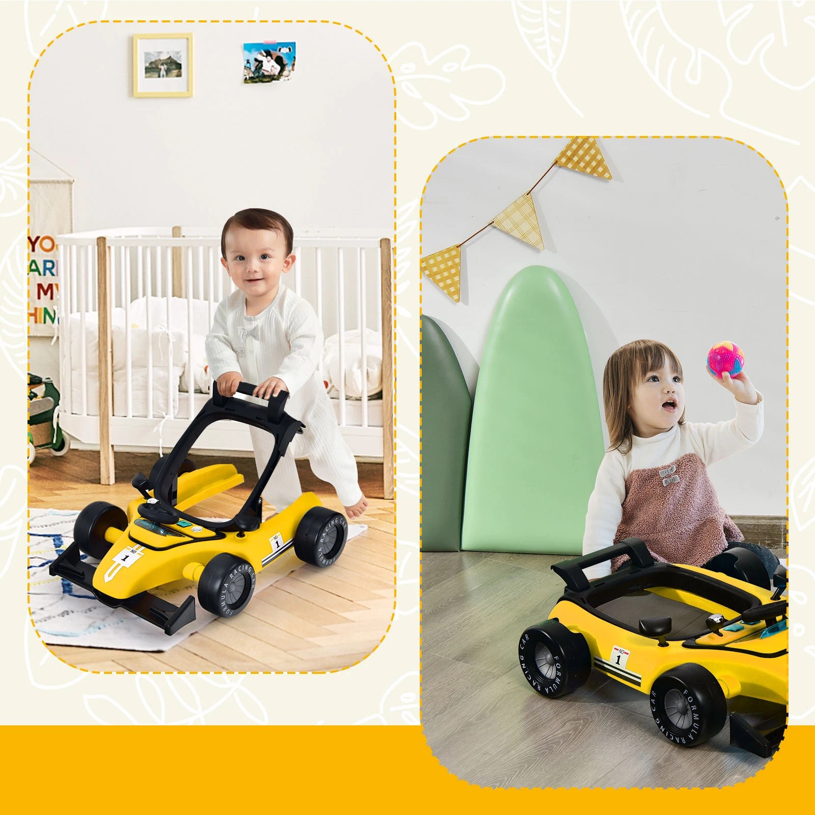 1 Costway 4in1 Baby Walker Stroller Folding Ride on Toy Car - Yellow, 1 of 1