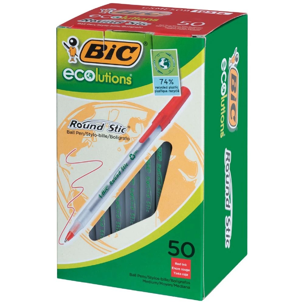 1 BIC Round Stic ECOlutions Ballpoint Pens Red 50 Pack, 1 of 5