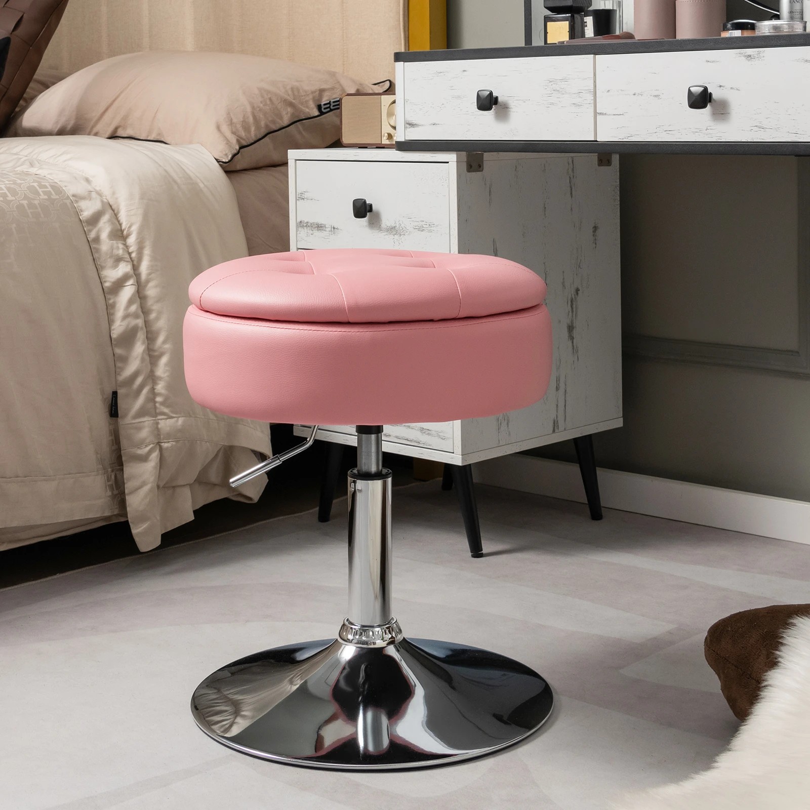 4 Costway Swivel Stool PU Leather w/Flipped Lid Storage Makeup Dressing Chair Side Table - Pink, 4 of 5