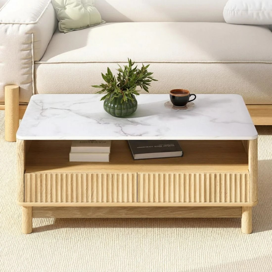 4 Artiss Coffee Table Drawer Shelf Marble Effect Wood& - Multi, 4 of 7