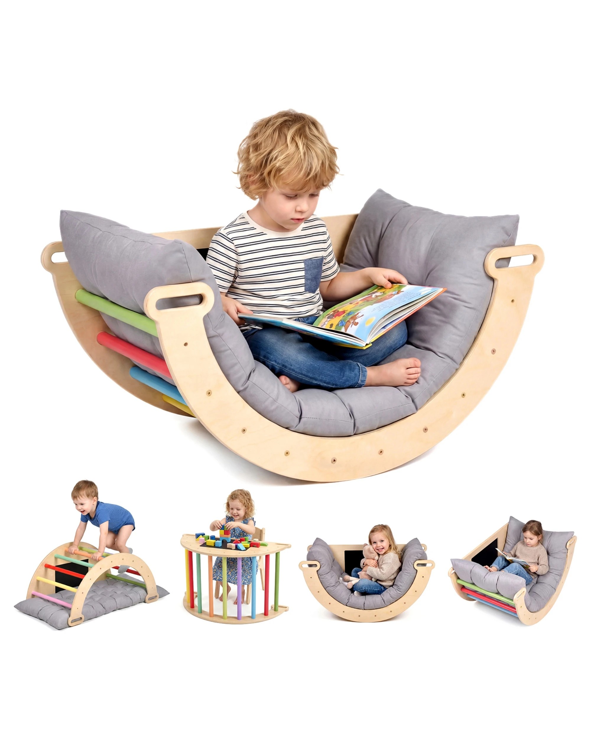 4 Advwin Climb Playset with Removable Cushion Wooden Kids Climbing Arch with Blackboard, 4 of 9