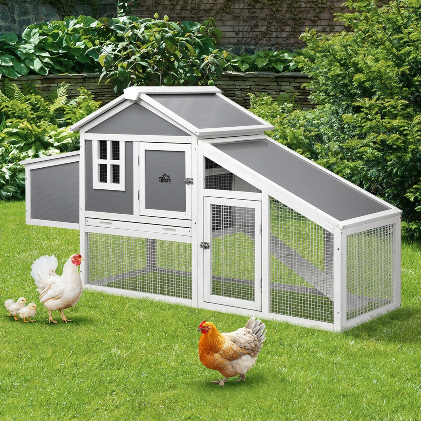 4 Alopet Chicken Coop Rabbit Hutch Large Wooden House Run Hatch Box Open Roof - Grey, 4 of 10