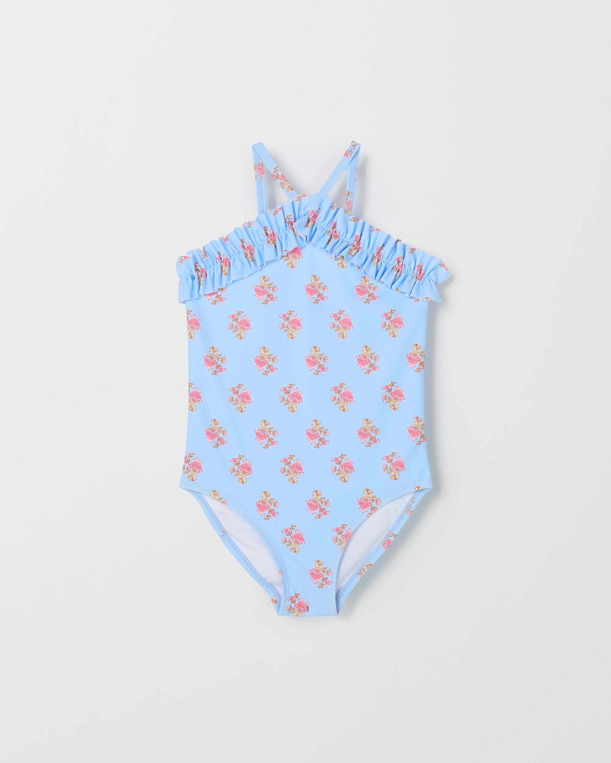 1 Target Kids Halter Neck Ruffle One Piece Swimsuit BLUE STAMP AOP, 1 of 3