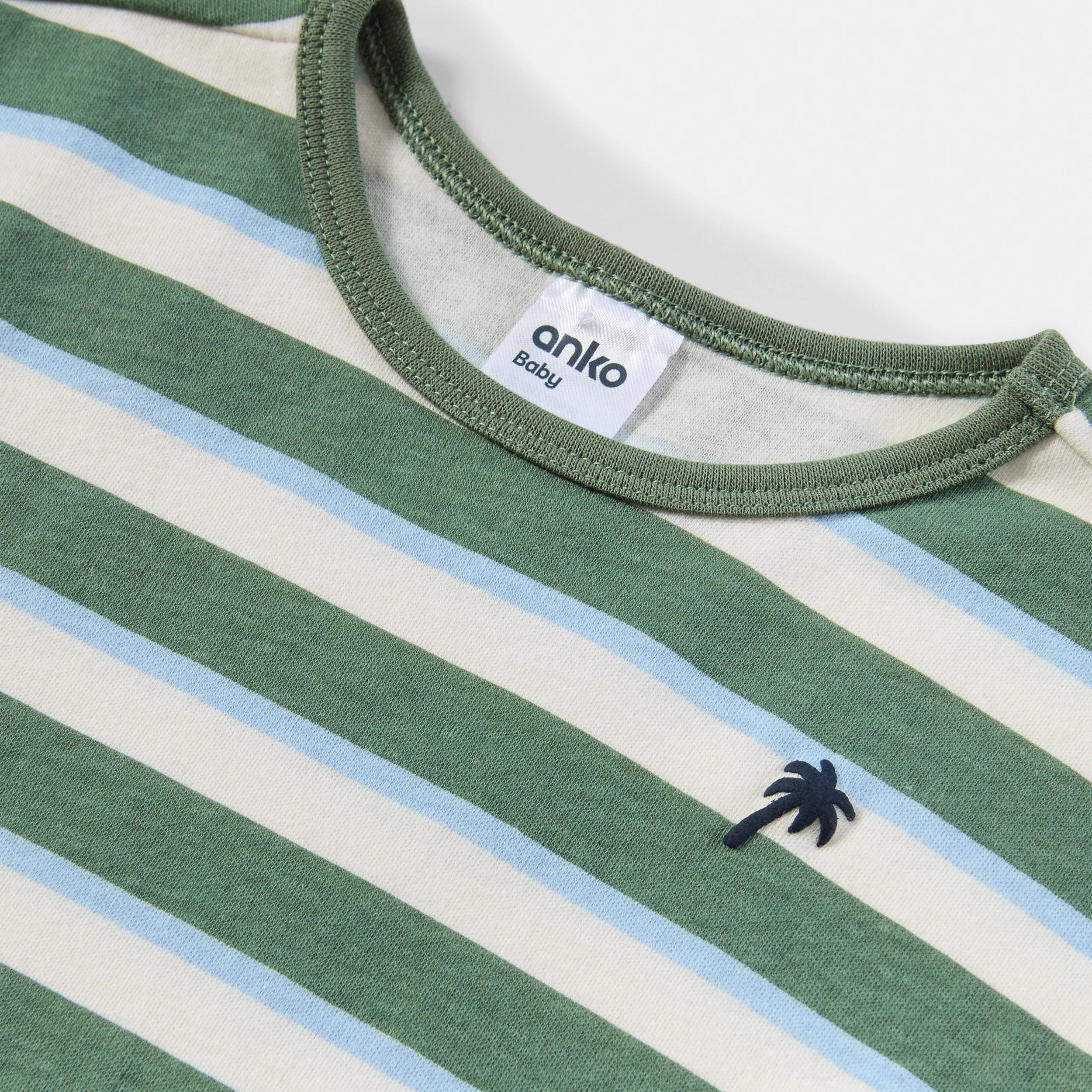 3 Short Sleeve Print Romper GREEN STRIPE, 3 of 3
