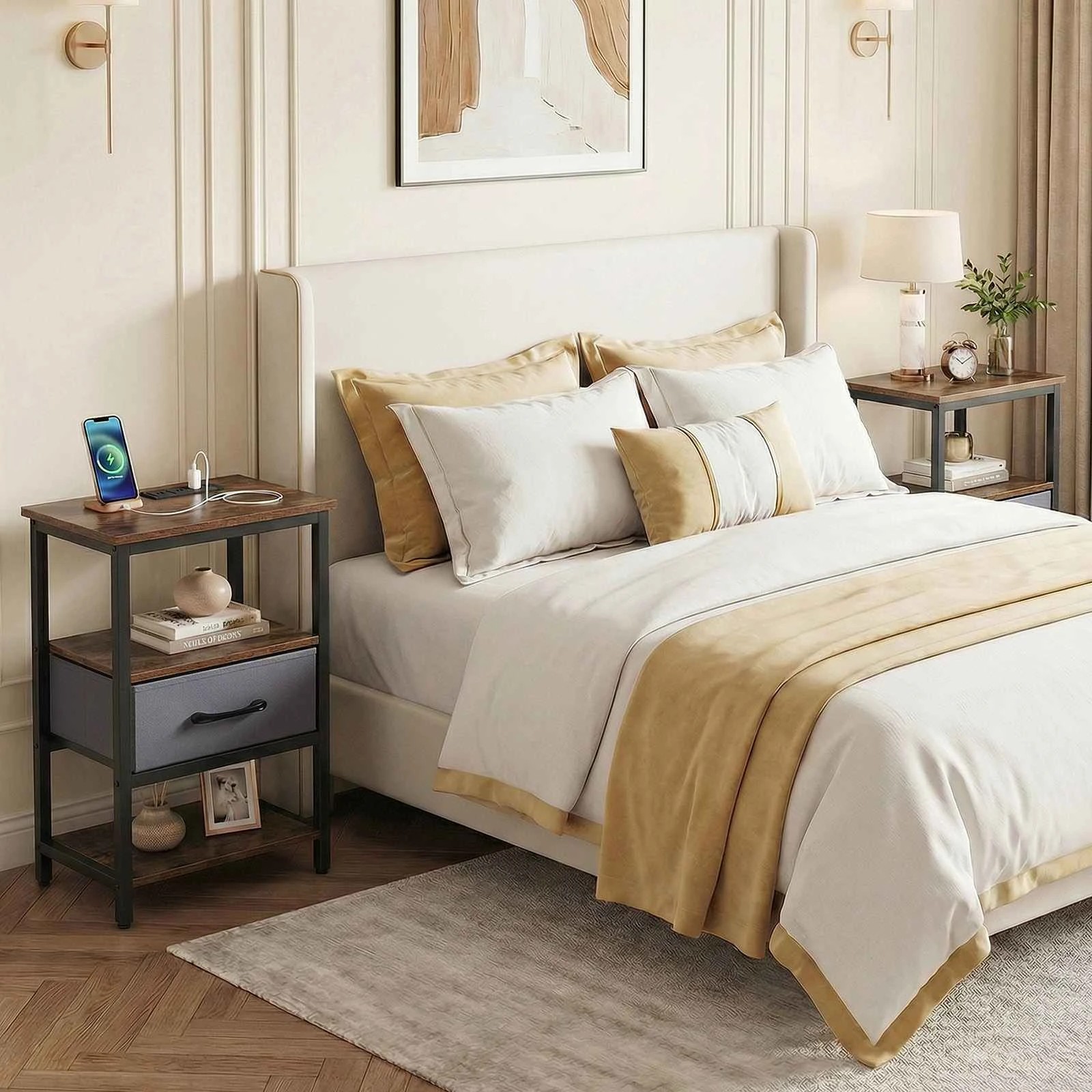 4 Costway Industrial Bedside Table Nightstand w/Drawer & Power Outlets, 4 of 4