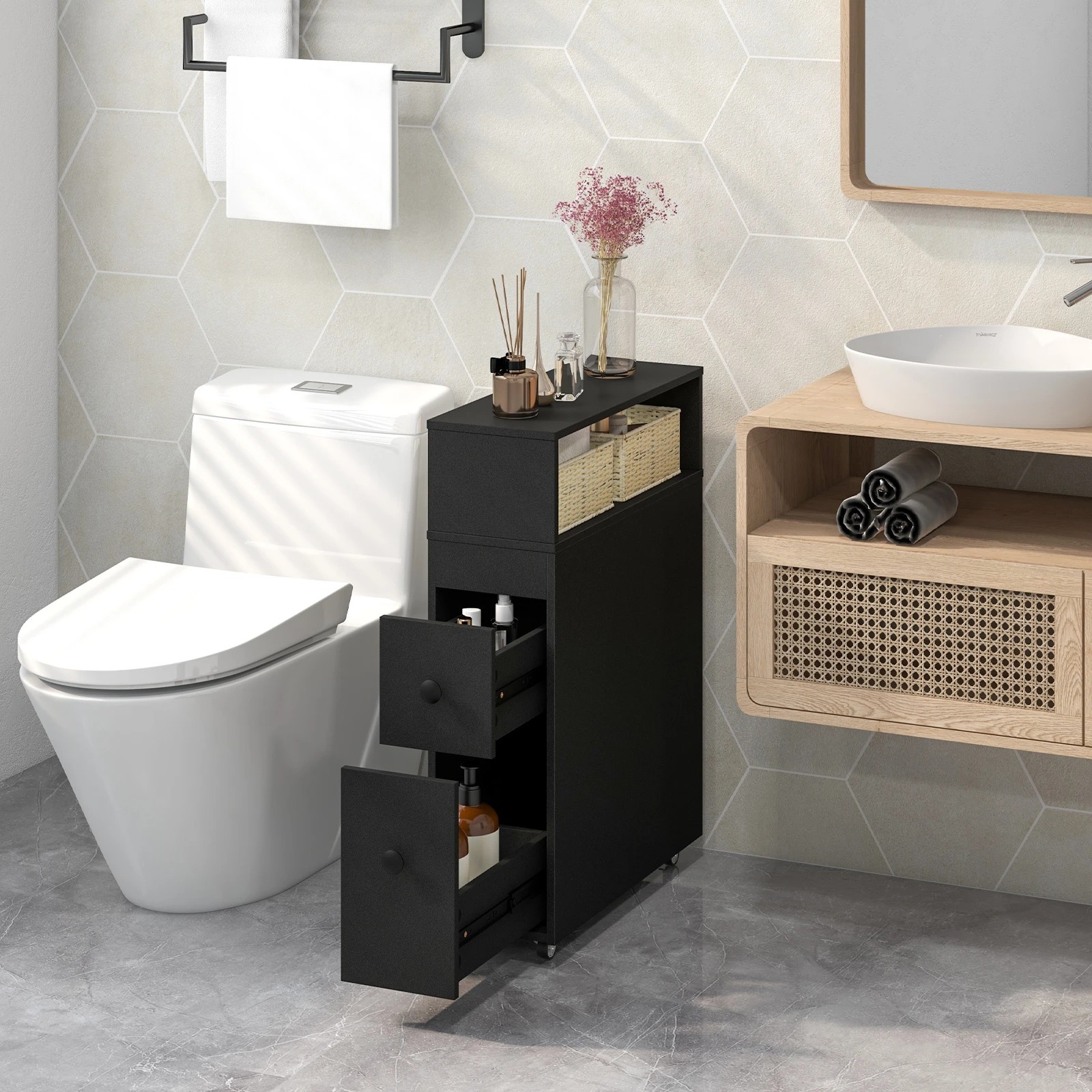 4 Costway Mobile Bathroom Storage Cabinet Laundry Sideboard w/Tissue Holder - Black, 4 of 6