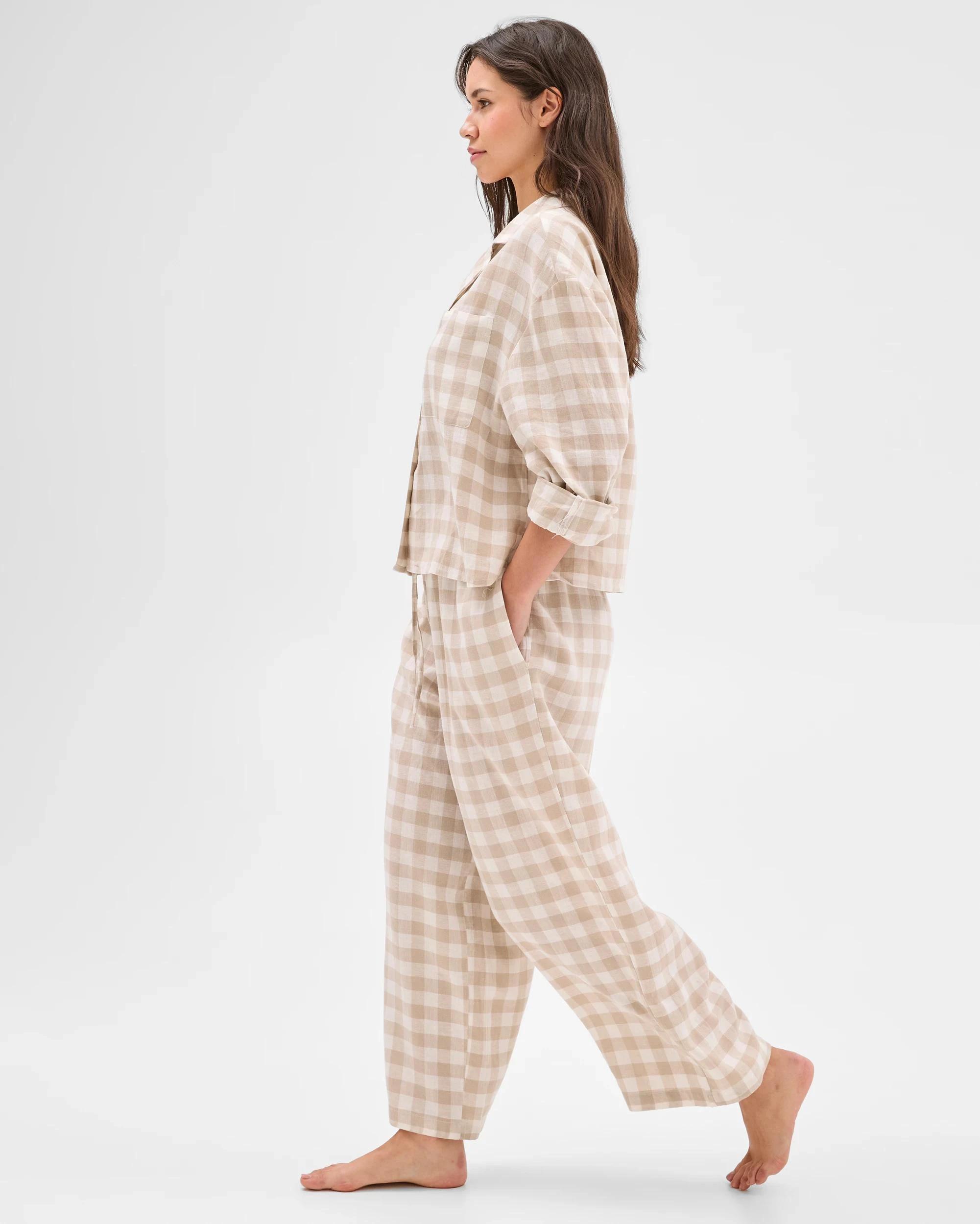 4 Target Womens Linen Blend Gingham Shirt and 7/8 Length Pant Pyjama Set NEUTRAL, 4 of 6