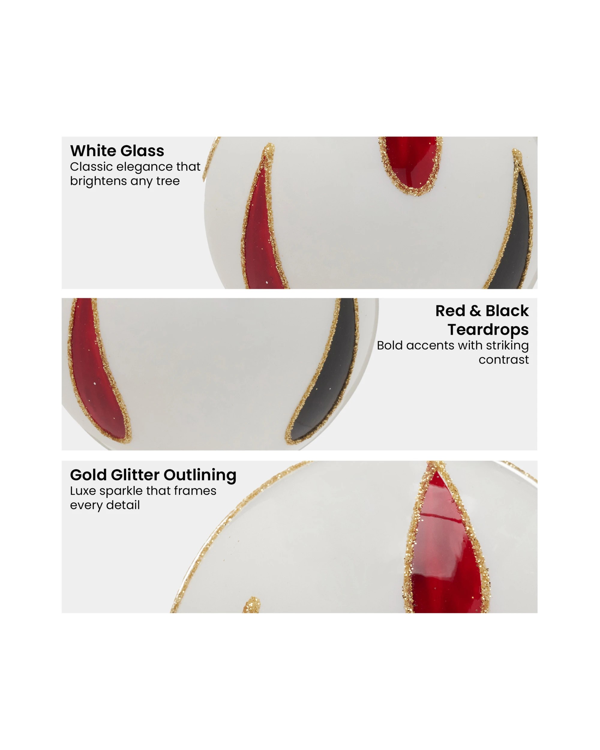 5 Christabelle White Glass Baubles 6-Pack 8cm with Red and Black Teardrop Design - White, 5 of 6