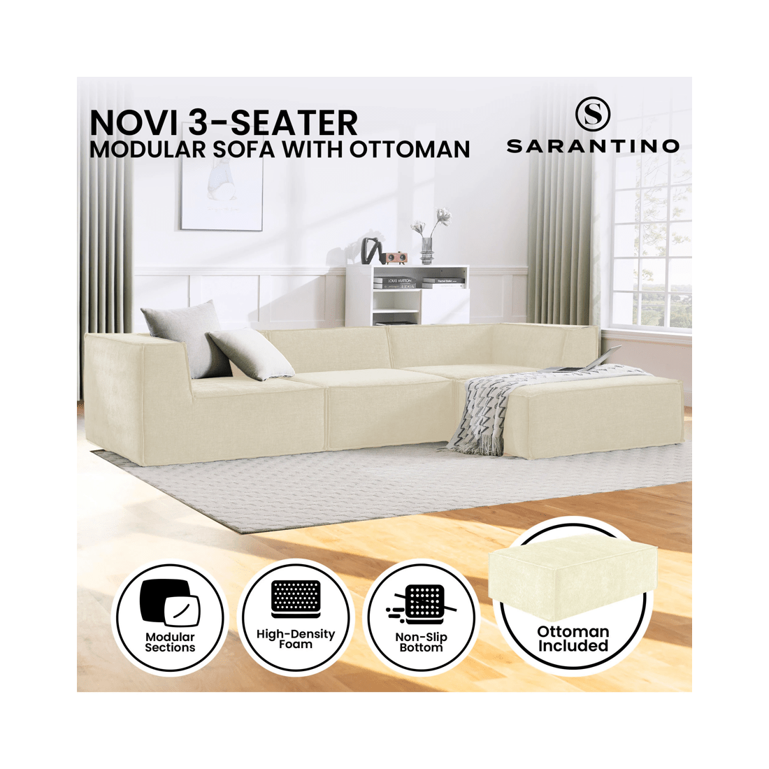 2 Sarantino Novi 3-Seater Modular Sofa with Ottoman in Cream Non-Slip Bottom Lounge, 2 of 10