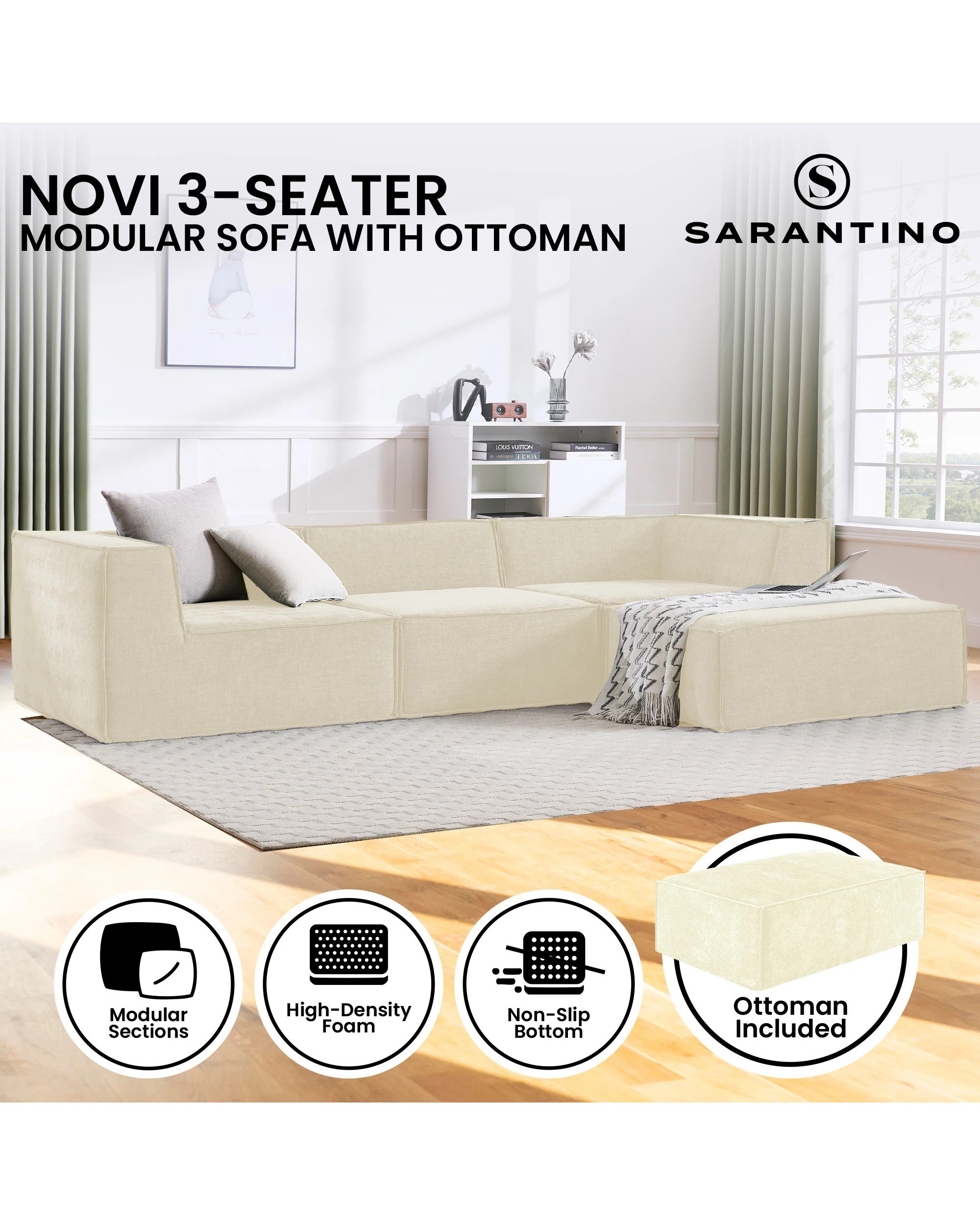 2 Sarantino Novi 3-Seater Modular Sofa with Ottoman in Cream Non-Slip Bottom Lounge, 2 of 10