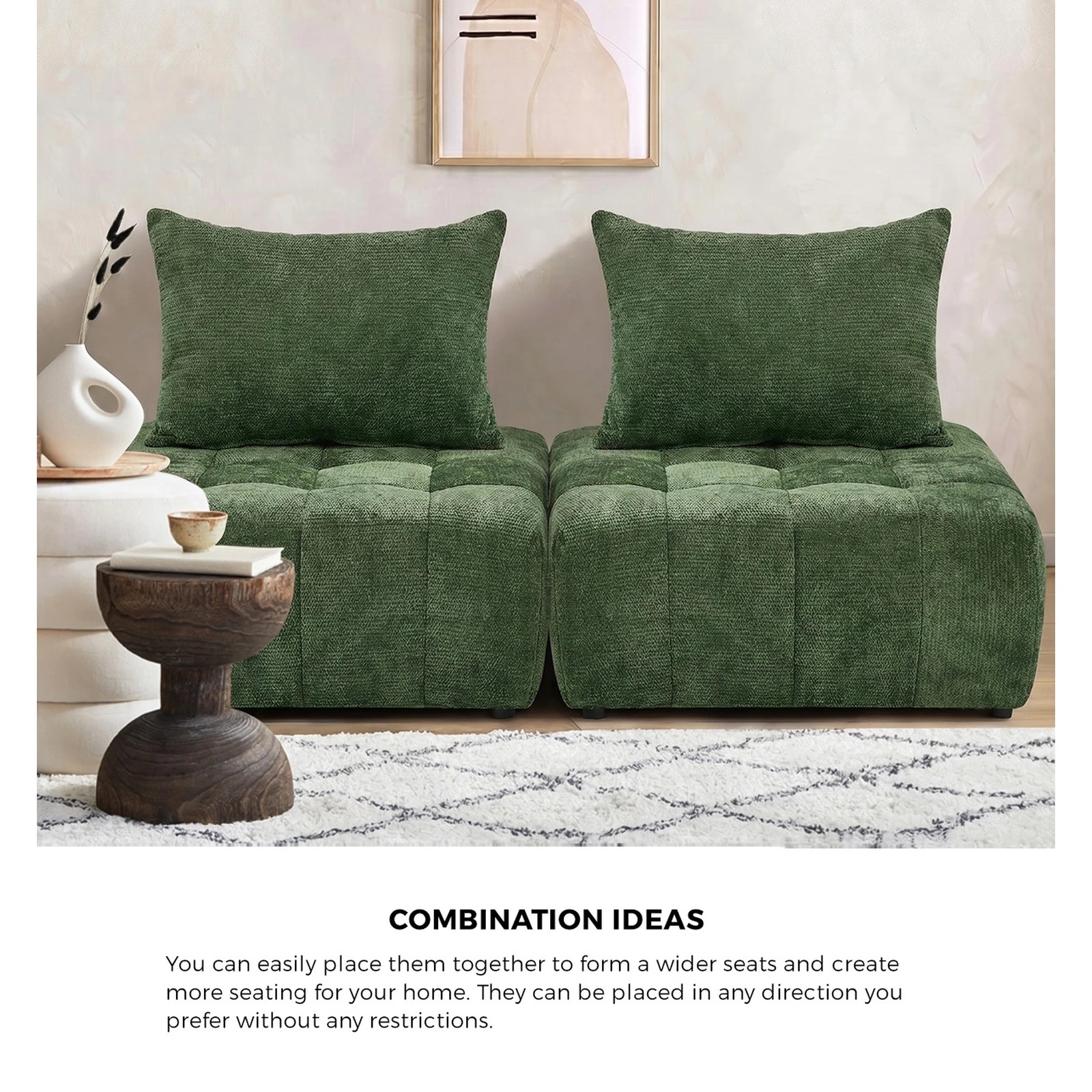 4 Oikiture 4x Chenille Modular Sofa Floor Lounge Chair w/Pillow TOFU Armless Chairs - Green, 4 of 9