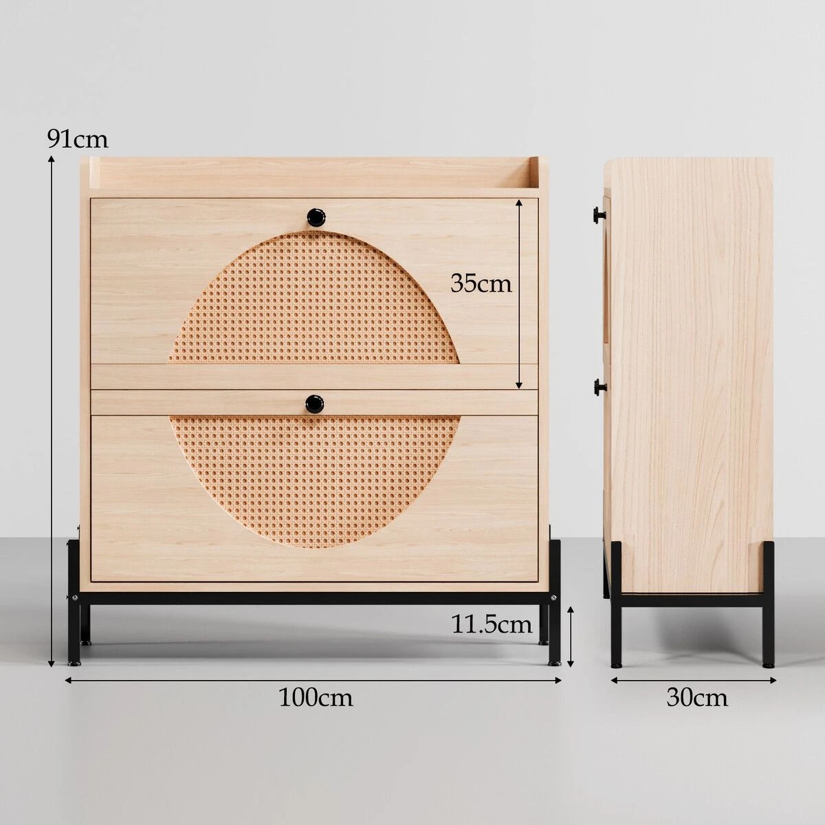 3 LUXSUITE Oak Shoe Rack Cabinet Rattan Drawers Wooden Storage Cupboard Slim Narrow Footwear Organiser Shelf Metal Legs, 3 of 6