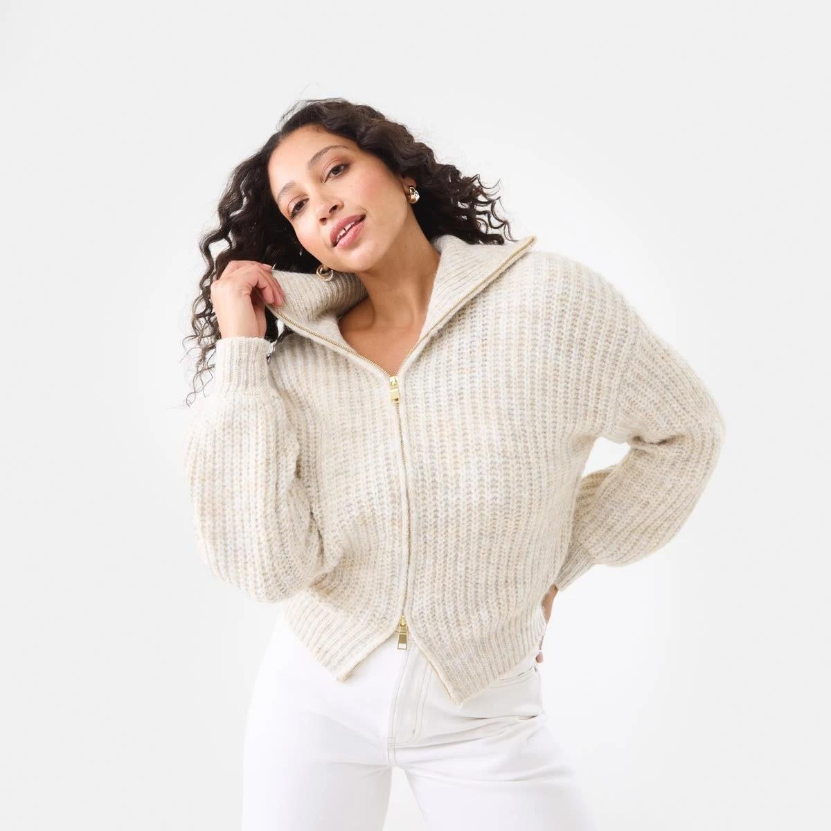 1 Fisherman Rib Knit Bomber Bge Otml, 1 of 9