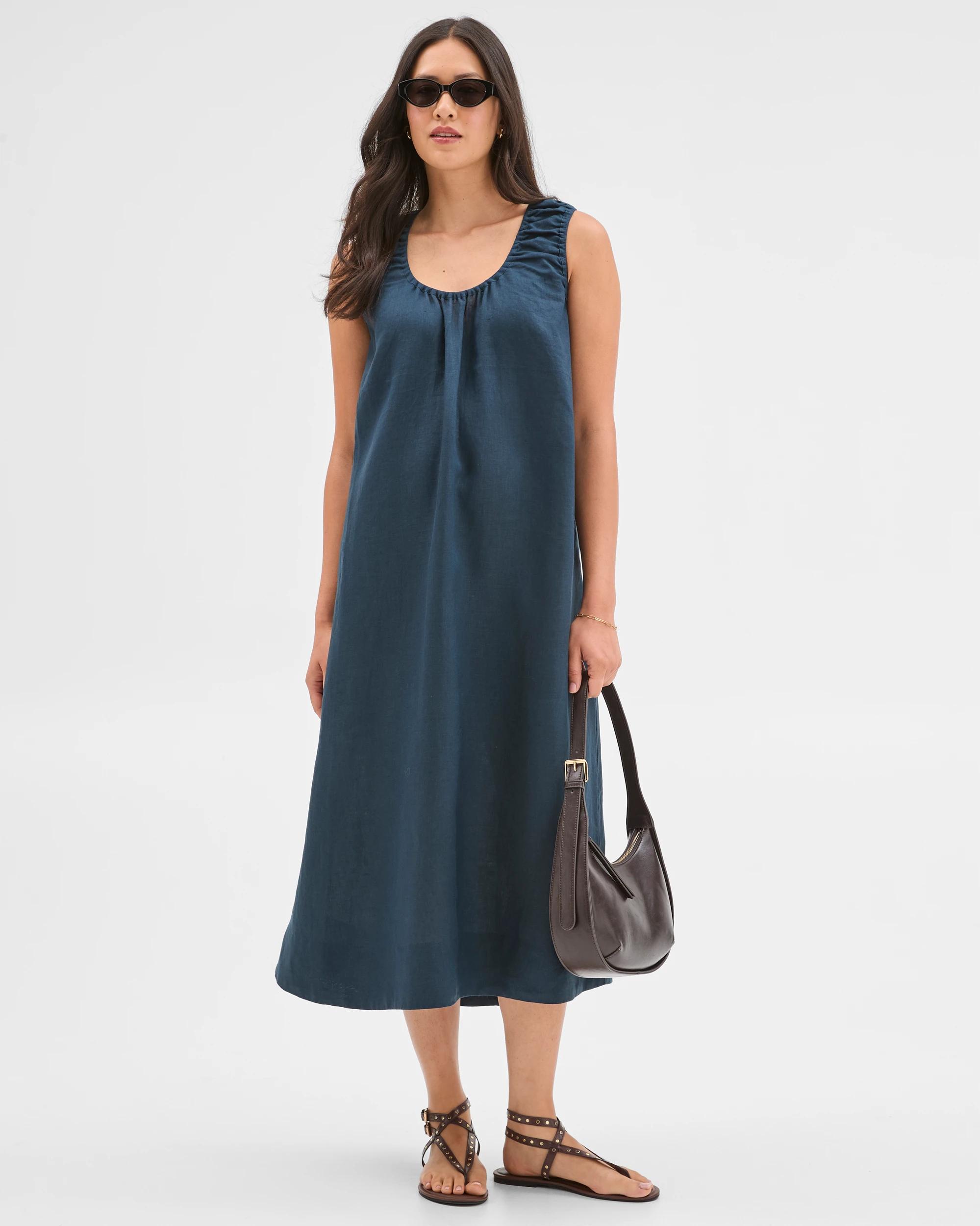 1 Target Woman European Linen Sleeveless Scoop Neck Midi Dress DEEP OCEAN, 1 of 6