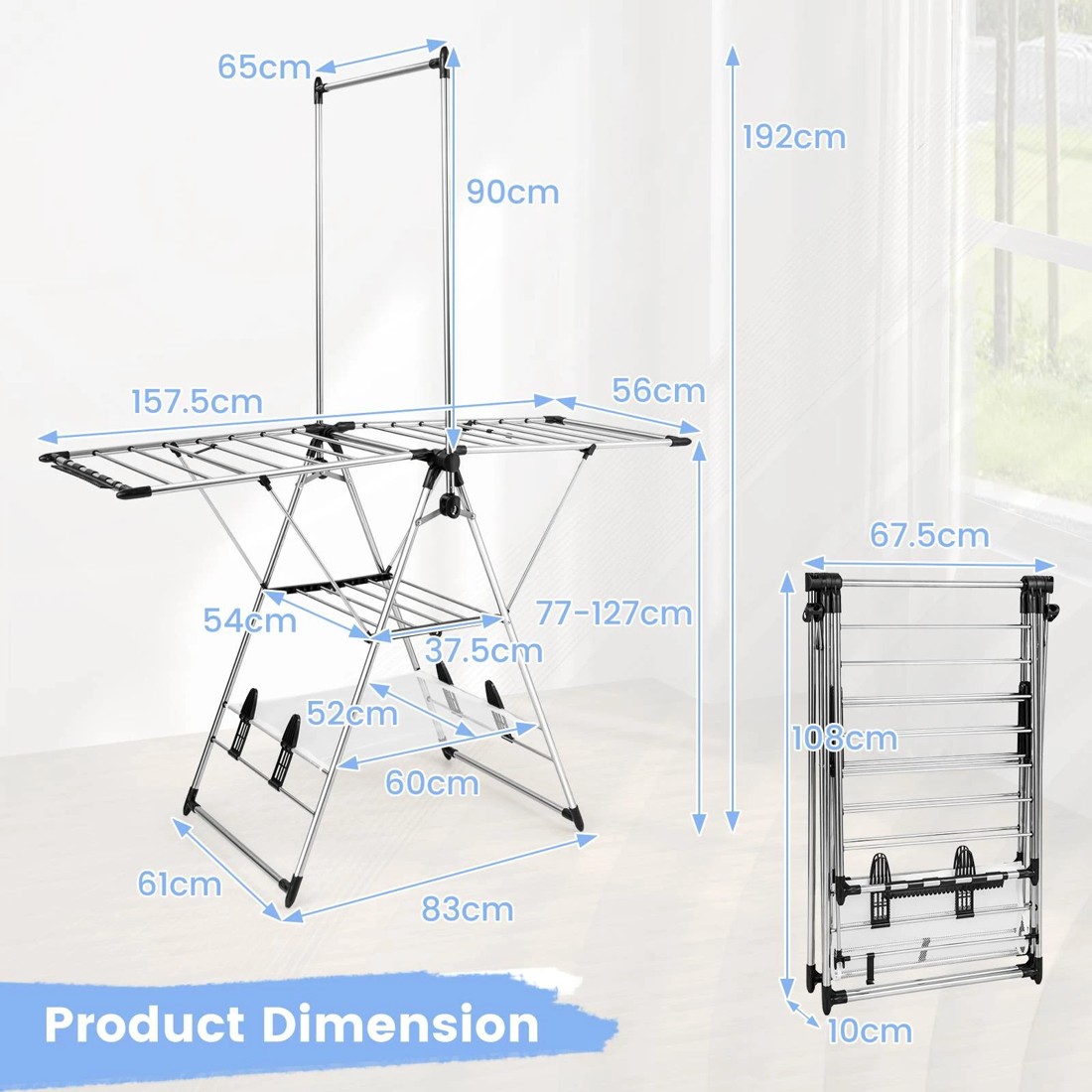 4 Costway Clothes Drying Rack Stainless Steel Gullwing Airer 6 Adjustable Height Laundry Stand, 4 of 9