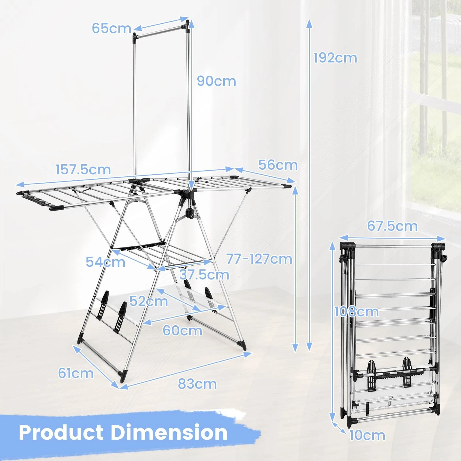 4 Costway Clothes Drying Rack Stainless Steel Gullwing Airer 6 Adjustable Height Laundry Stand, 4 of 9