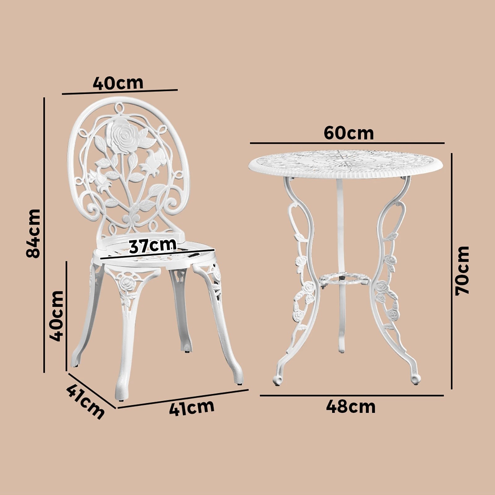 9 Livsip Outdoor Setting 3 Piece Bistro Chairs Table Set Cast Aluminum Patio Rose
 - White, 9 of 10