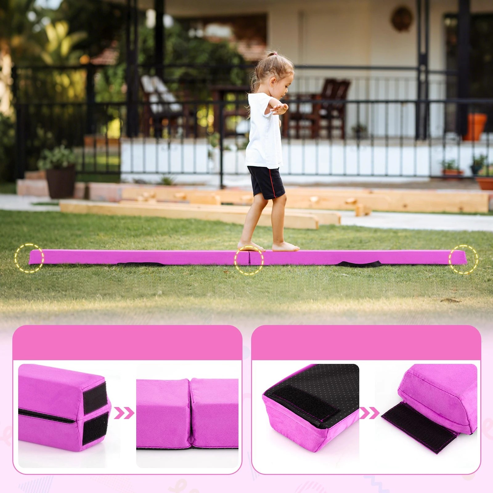 2 Costway 2.1M Folding Balance Beam Portable Floor Gymnastics Beam w/Handle - Purple, 2 of 4
