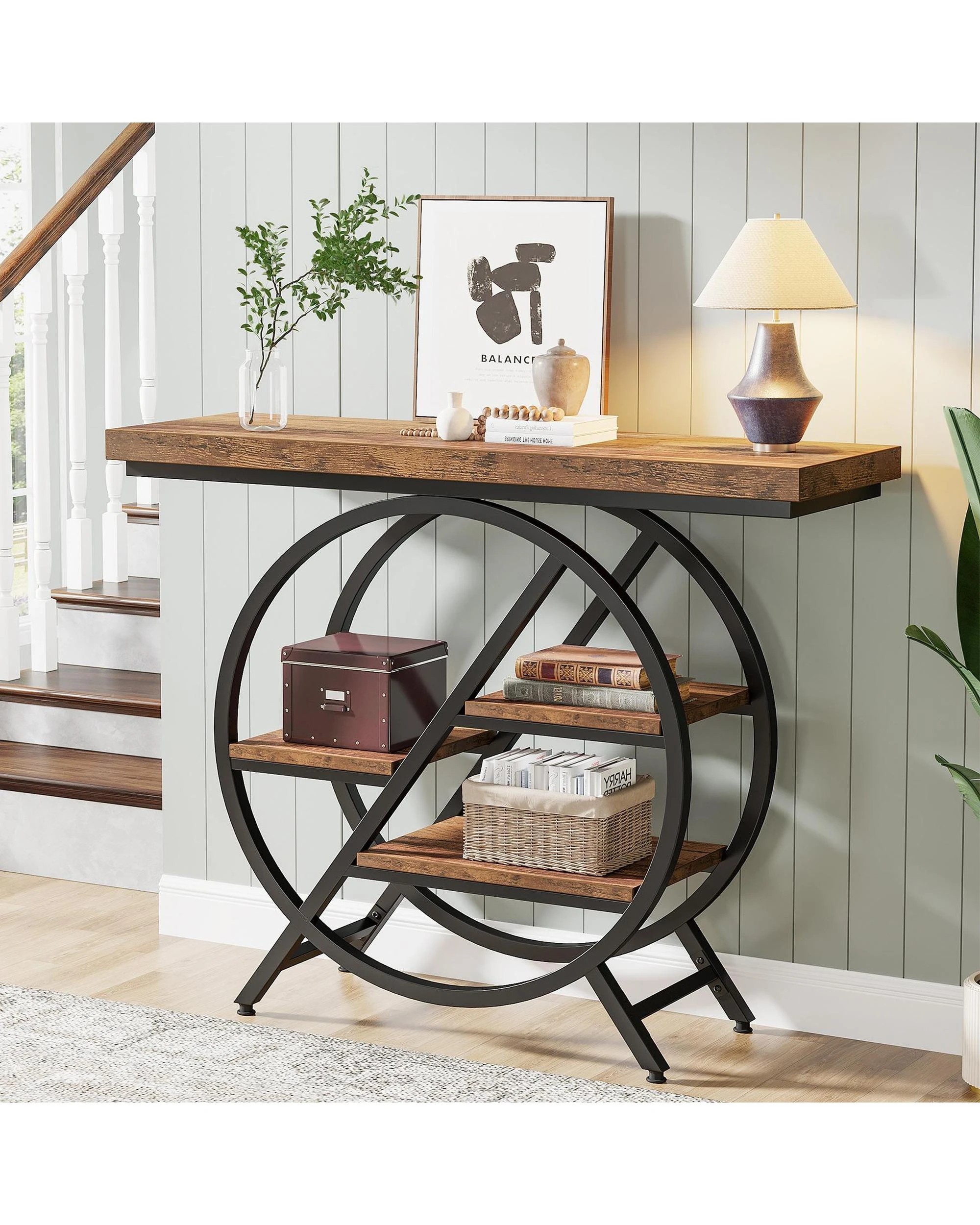 4 OAKORY 100cm Console Table, 4-Tier Industrial Hallway Table with Metal Frame, Rustic Brown, 4 of 7