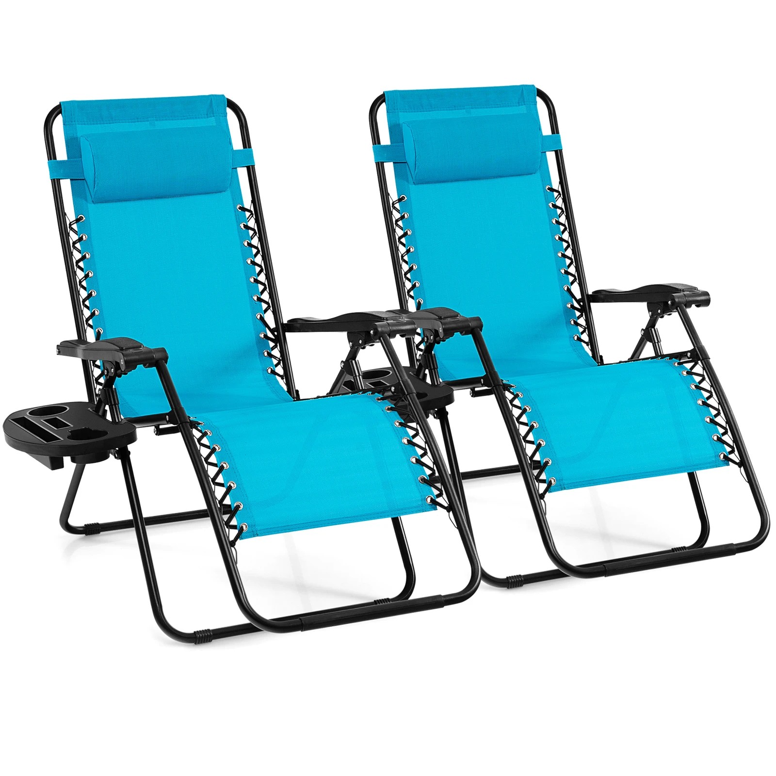 1 Costway 2x Folding Zero Gravity Chair Patio Sun Lounge Recliner w/Side Tray - Blue, 1 of 1