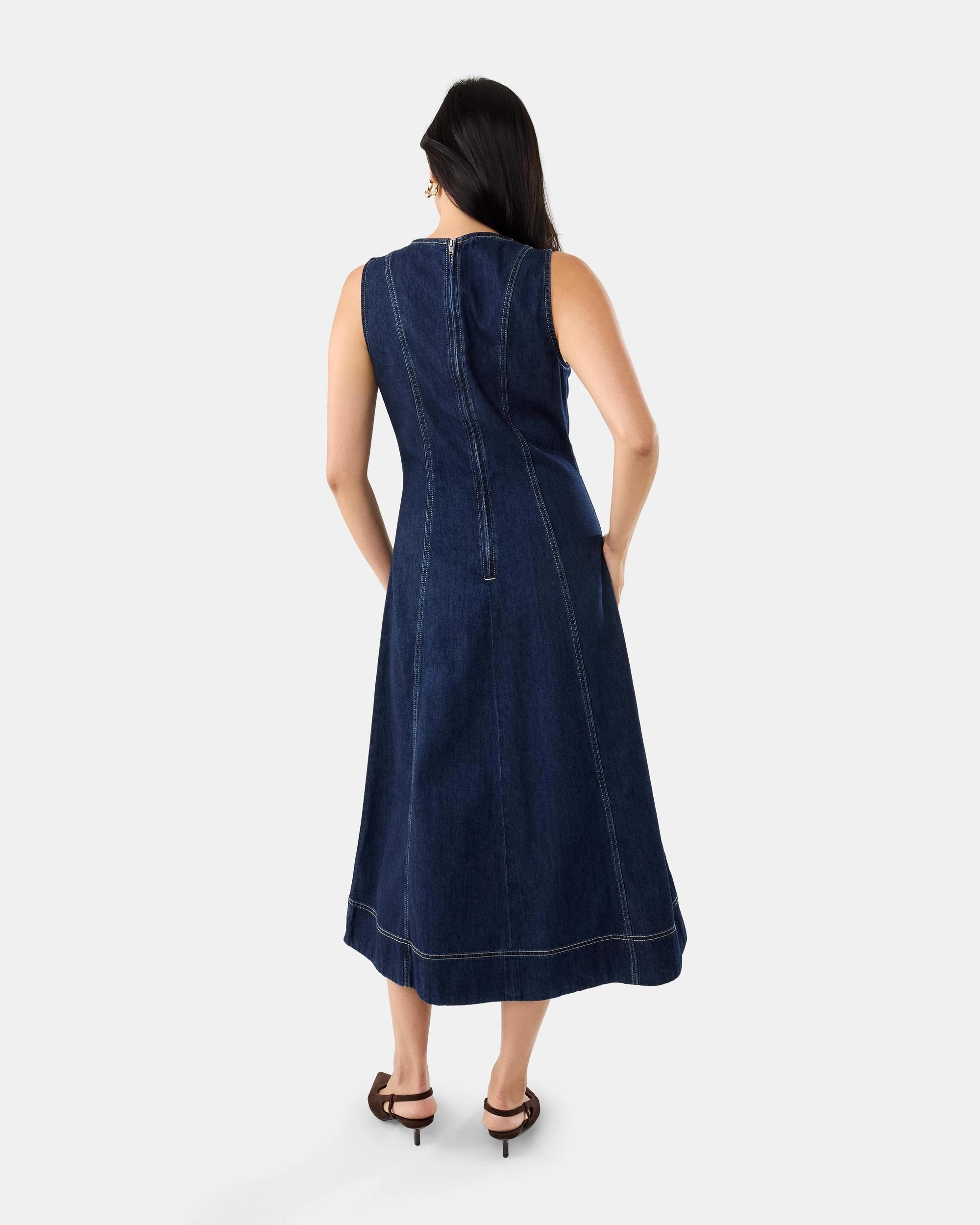 3 Sleeveless Denim Midi Dress Dark Denim, 3 of 7